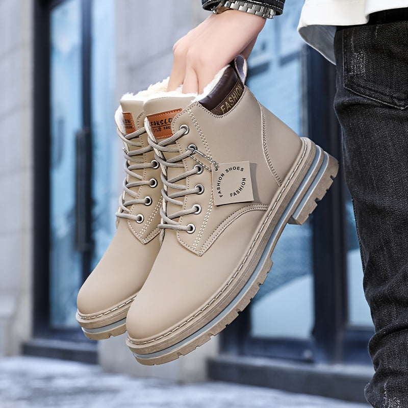 Men's Heavy-Duty Winter Snow Boots - Insulated & Slip-Resistant -like Upper, Thermal Insulation & Cushioned Insole, Large Size Availability (Beige/Brown/Coffee) - All-Terrain Traction Tread, Round Toe & Lace-Up Closure for Hi