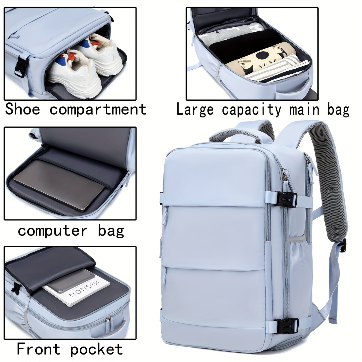 Women'S Travel Backpack, Flight Approved, Expandable Large Capacity Luggage Daypack, Business Weekend Bag with Shoe Compartment, Back to School Backpack, Solid Color, Polyester, Adjustable Strap, Zipper Closure, USB Powered,