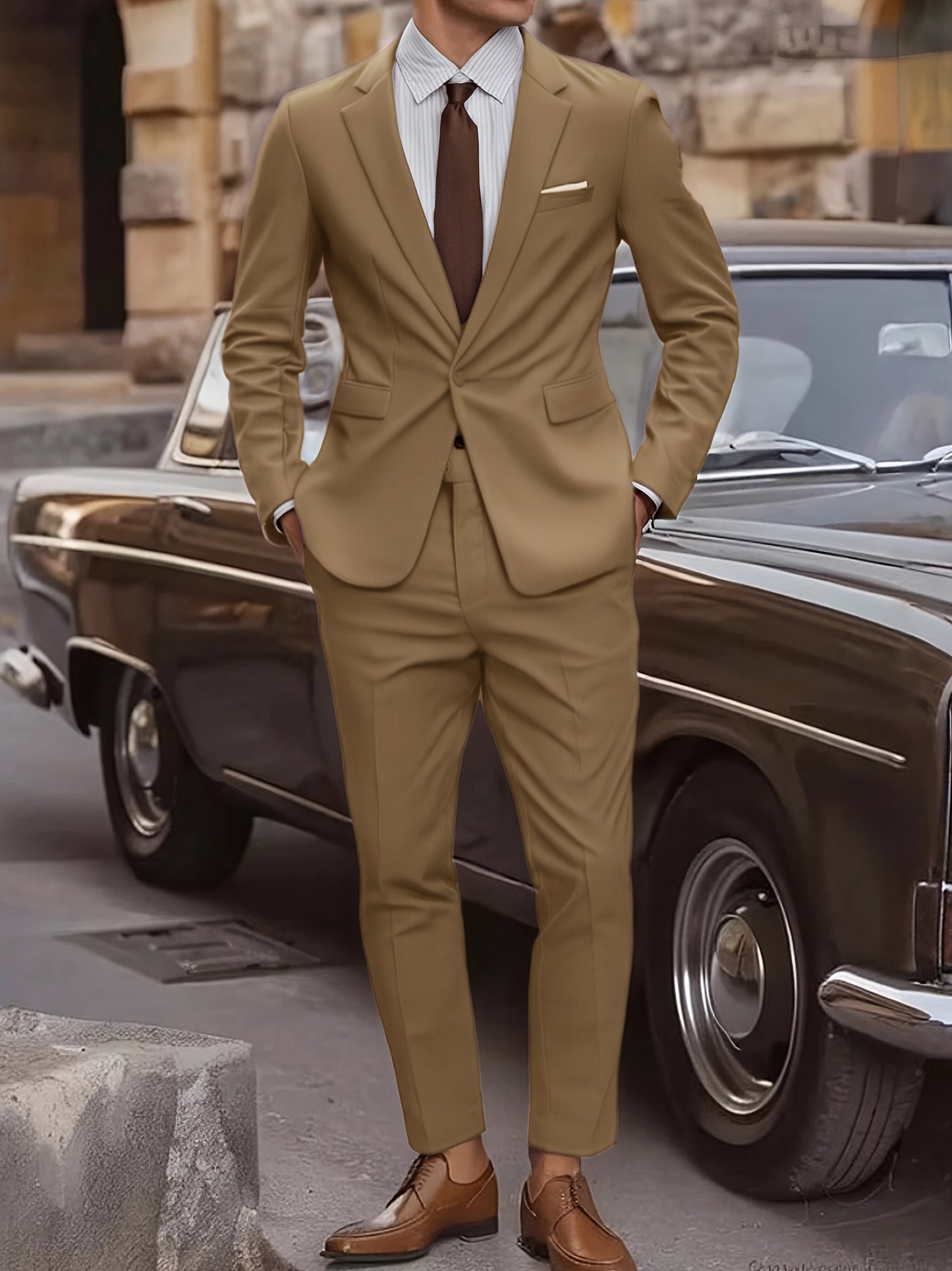 2pcs Men's Elegant Business Casual Suit Set - Includes Classic Lapel Blazer & Dress Pants, Polyester/Rayon Blend, with Pockets - Perfect for Weddings & Formal Occasions