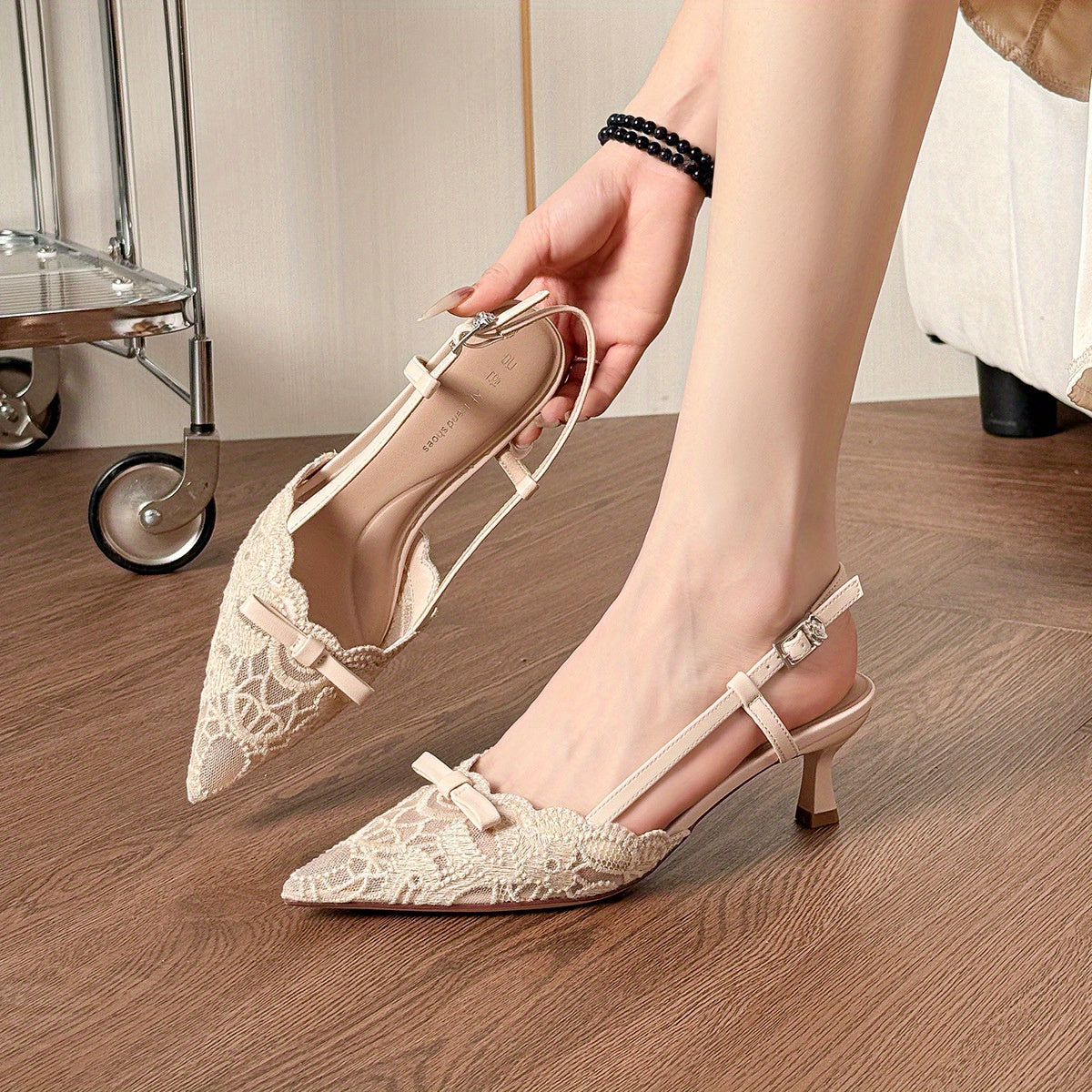 Women'S Elegant Lace-Embroidered Pointed-Toe High Heel Sandals - Beige Block Heel, Ankle Strap with Buckle, Breathable Mesh Upper, Comfortable Summer All-Season Wear, High Heel Sandals