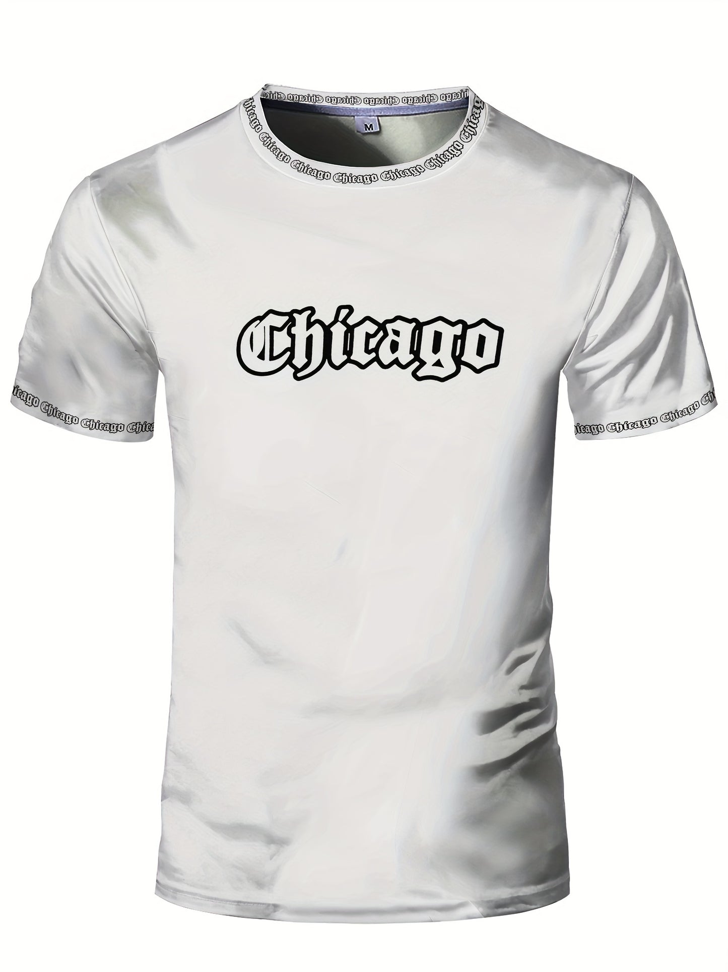 Men'S Chicago Print T-Shirt, Polyester-Spandex Blend, Crew Neck, Short Sleeve, Geometric Pattern, High Stretch, Tear Resistant, Sports Casual Style, Summer Fit Top for Training, Yoga, Hiking Festive Occasions