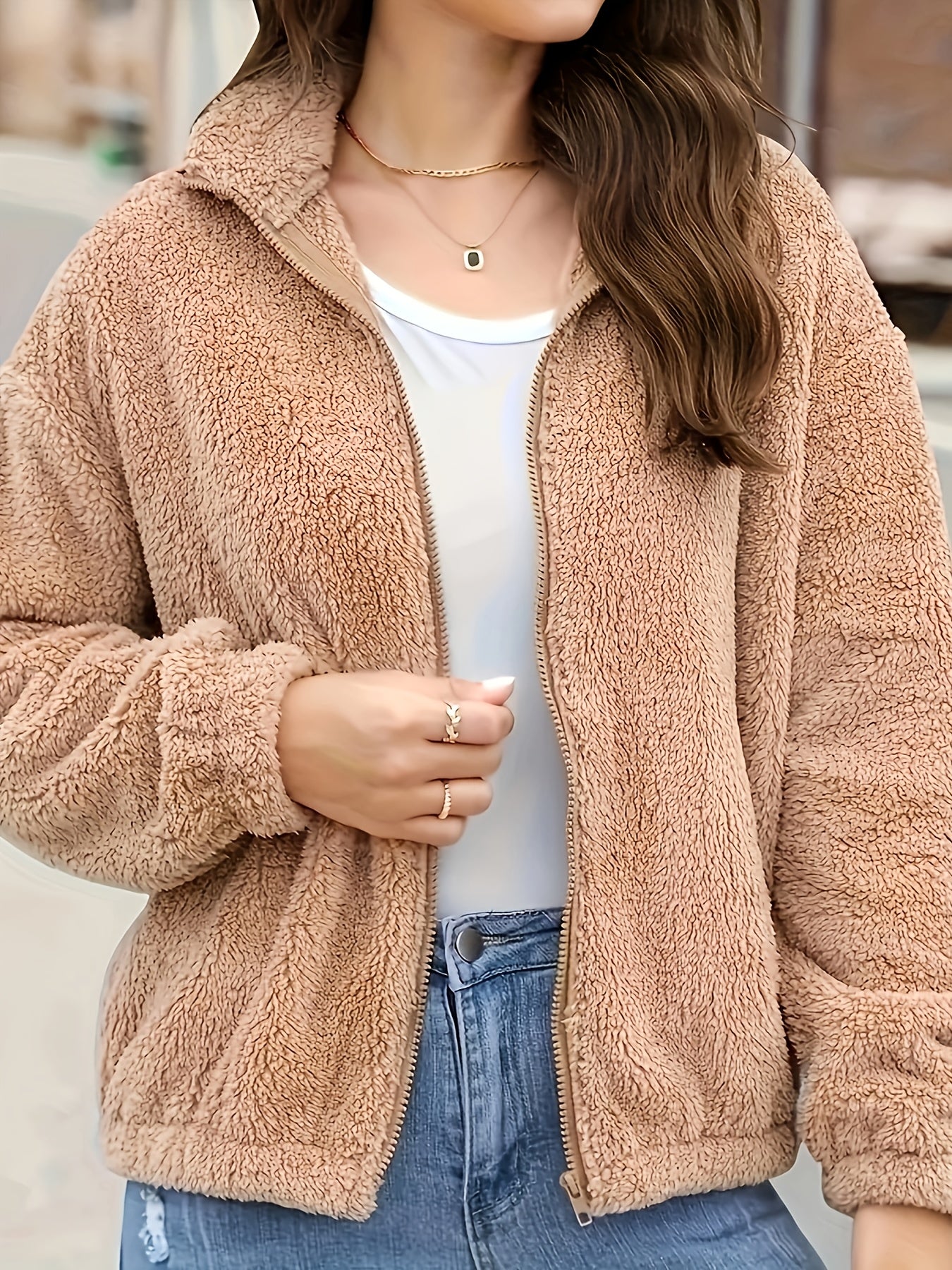Women'S Cozy Fleece Jacket with Hood - Casual High Neck Zippered Long Sleeve Polyester Knit Fabric Sweater for Fall/Winter