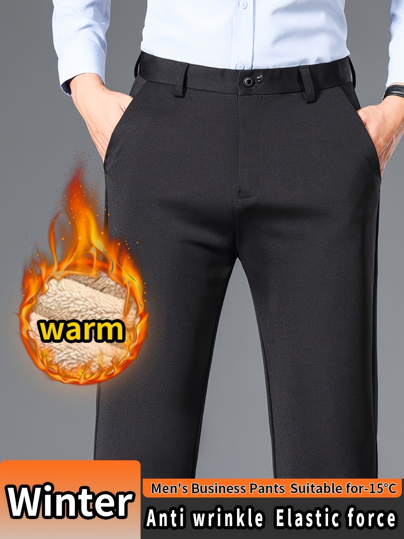 Men'S High Waist Solid Color Straight Leg Business Pants with Pocket Details, Polyester and Elastane Blend with Viscose Lining, Elastic Stretch, Zipper Fly Closure, Suitable for Fall/Winter Workwear