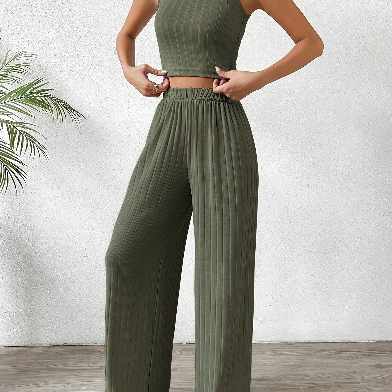 Solid Ribbed Elegant Pants Set, Crew Neck Sleeveless Slim Tank Top & Elastic Waist Wide Leg Pants Outfits, Women's Clothing
