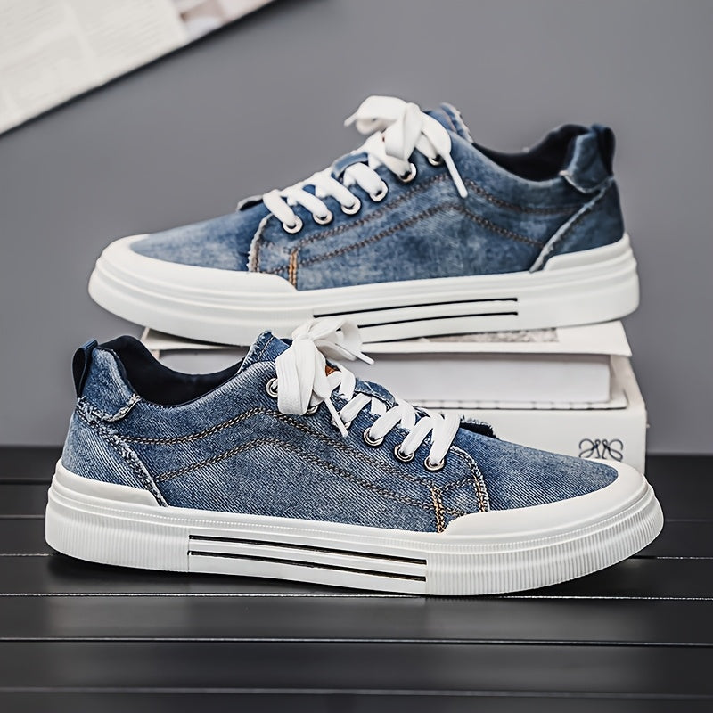 Men's Casual Canvas Sneakers - Trendy Blue Denim Low-Top Lace-Up Shoes with White Rubber Sole, Durable & Comfortable for Casual Attire, Street Style, and Outdoor Activities, Casual Sneakers | Trendy Footwear | Durable Sneaker