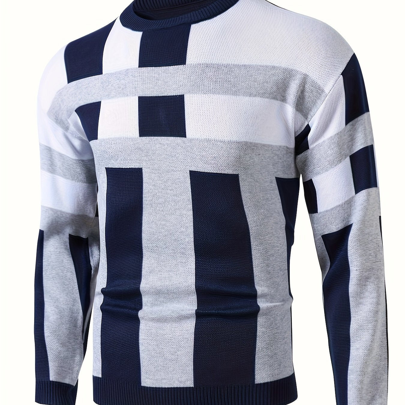 Men's Round Neck Casual Striped Warm Sweater Fashion Knit Pullover Top