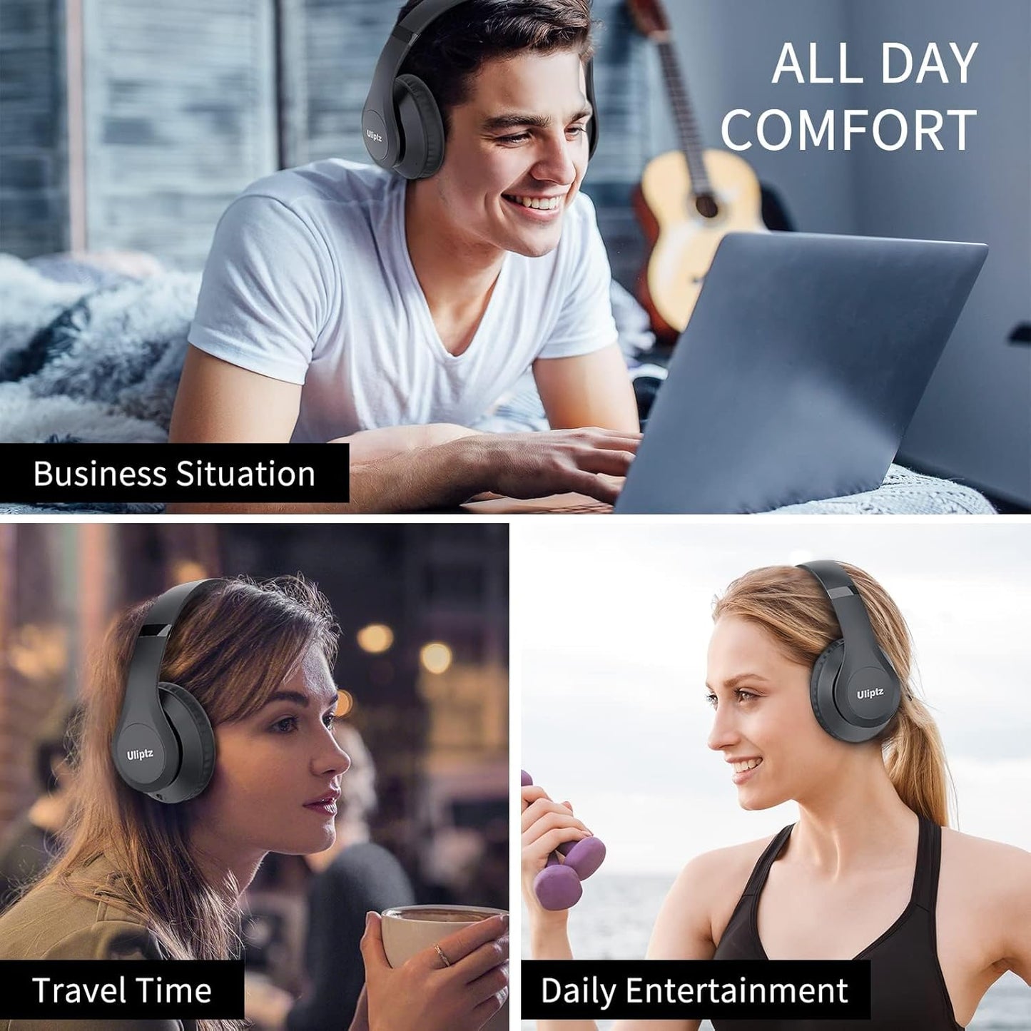 Uliptz Wireless Bluetooth Headphones, 65H Playtime, 6 EQ Sound Modes, Hifi Stereo over Ear Headphones with Microphone, Foldable Lightweight Bluetooth 5.3 Headphones for Travel/Office/Cellphone/Pc