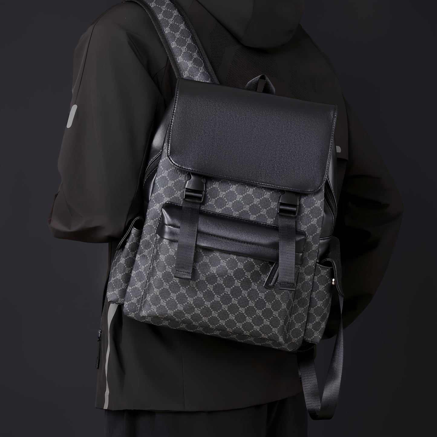 Men'S Stylish Black Brown Gingham Print Backpack - Versatile Commuter Bag with Multiple Pockets, Adjustable Straps, and Golden-Tone Hardware for Work, Travel, and Study, Travel Backpack Gingham Pattern Synthetic Backpac