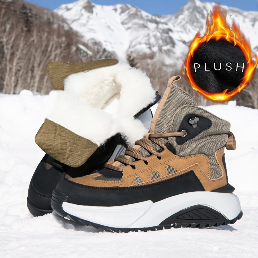 Men's Thermal Insulated Winter Boots with Lining - PU/Fabric Upper, Zipper & Lace Closure, Cushioned Insole & Arch Support, Brown/Black/White/Beige - Low-Top Round Toe for Snow, Ice, and Casual Attire - Ideal for Skiing, Hik