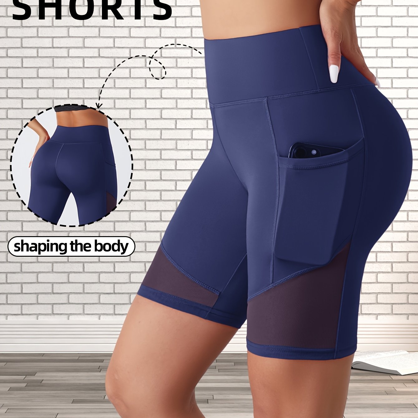 High Waist Mesh Contrast Yoga Short With Pocket, High Waist Stretch Running Biker Shorts, Women's Activewear