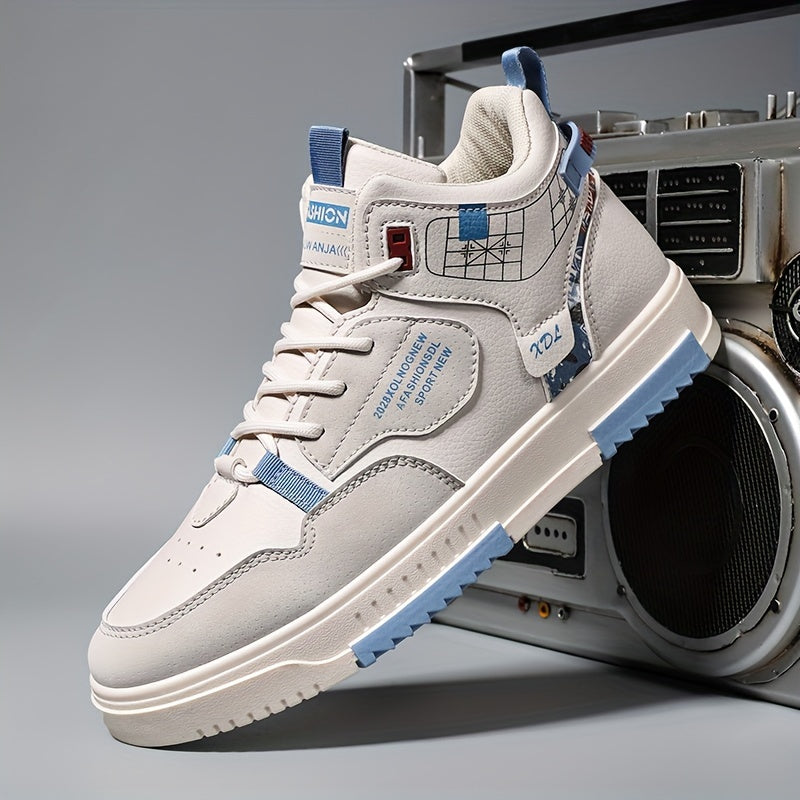 Men's Skate Shoes with Good Grip Breathable Design - PU Upper, Cushioned PVC Sole, Black/Blue Letter Pattern Lace-Up Sneakers for All-Season Casual Sports Wear, Allseason Shoes Modern Casual Shoes Comfortable Wear