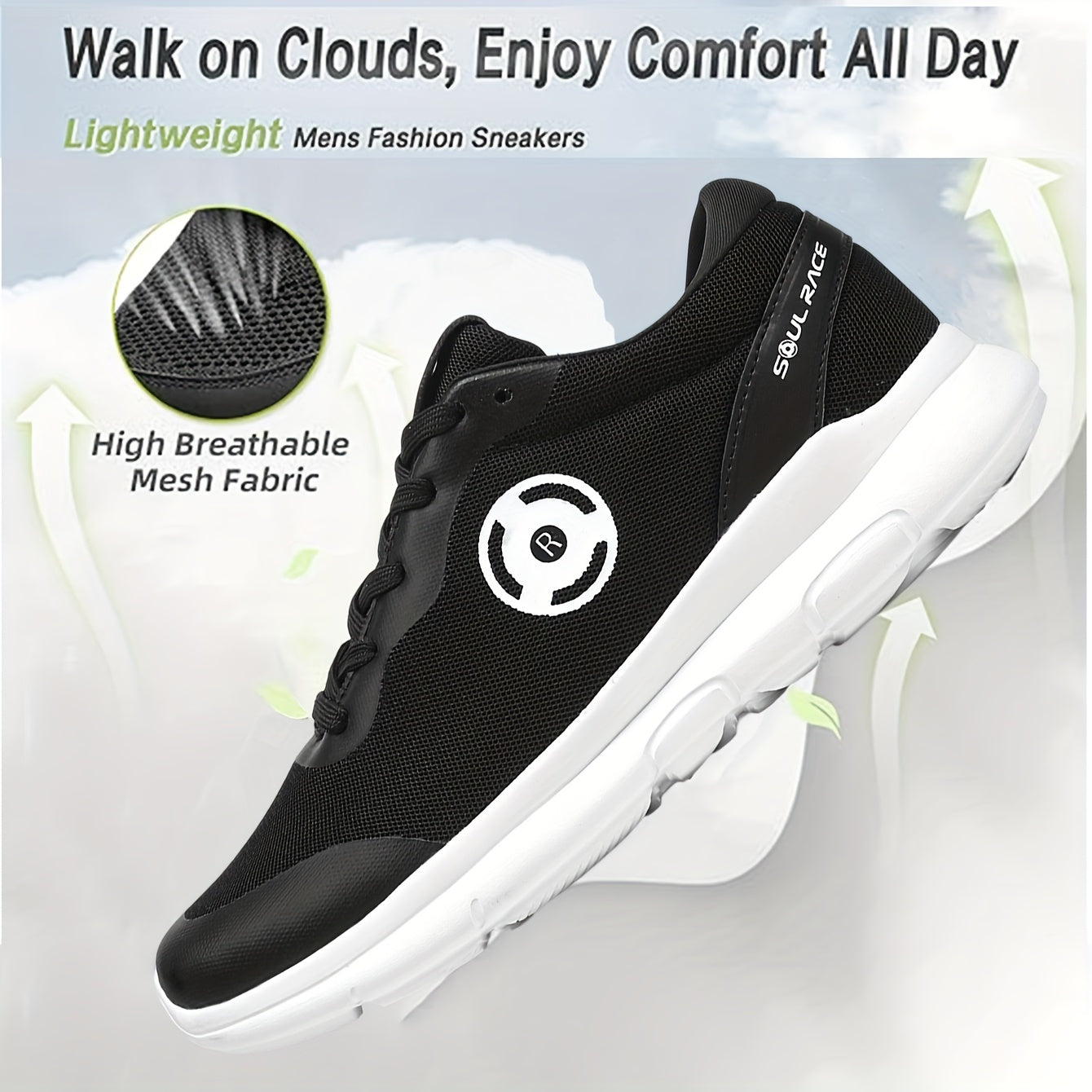Men's Lightweight Breathable Mesh Sneakers - Casual Lace-Up Running Shoes with EVA Cushioning, Black & White Design, Sizes 8-14