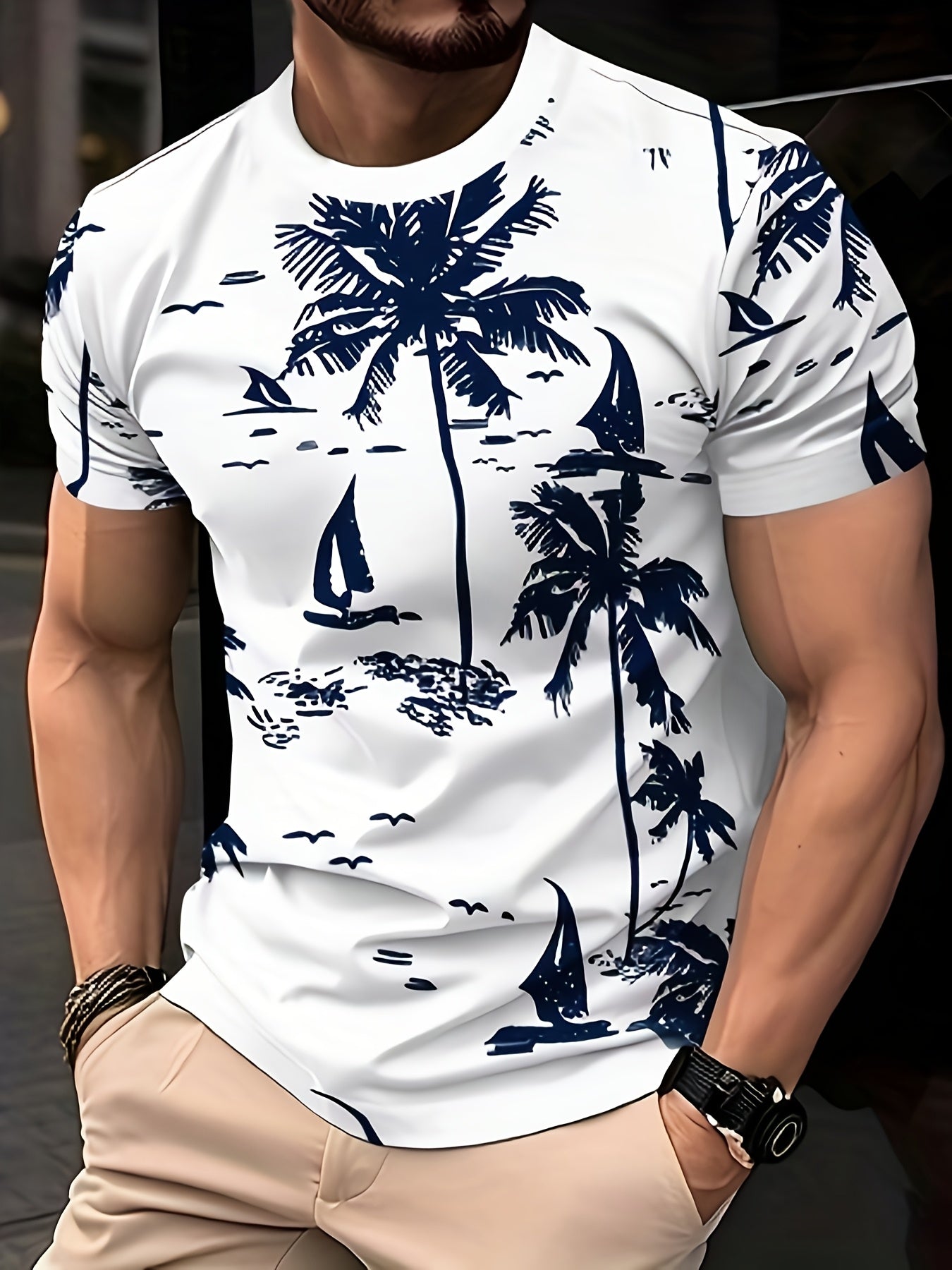 Men'S Quick-Dry Tropical Palm Tree Print T-Shirt - Breathable Round Neck Casual Tee for Summer, Outdoor Daily Wear, Lightweight Comfortable Fit, Outdoor Tshirt Tropical Print Shirt Comfortable Fit