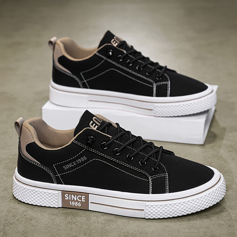 Men's Casual Low-Top Sneakers - Breathable Fabric Durable PVC Sole, Black Beige Contrast Design, Lace-Up Round Toe for All-Season Comfort, Versatile for Casual Semi-Formal Wear, Comfortable Footwear, Fabric Upper