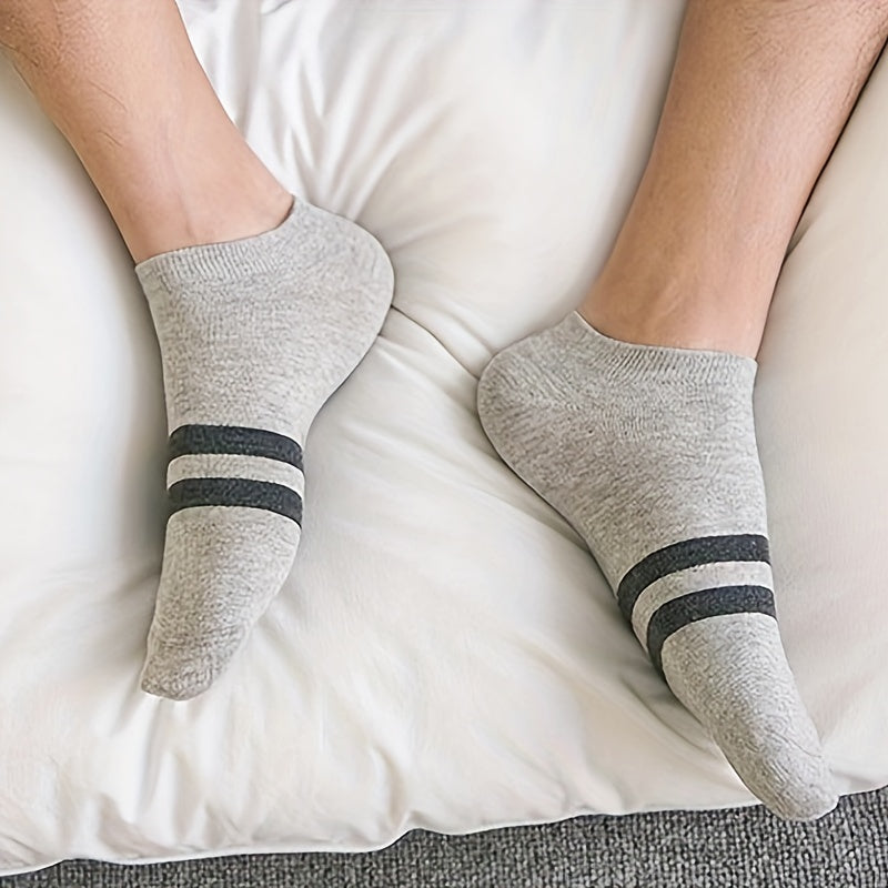 5pcs Men's Breathable Low-Cut Athletic Socks - Lightweight, Moisture-Wicking Striped Ankle Socks for Spring & Summer (White, Navy Blue, Black, Gray, Light Green)