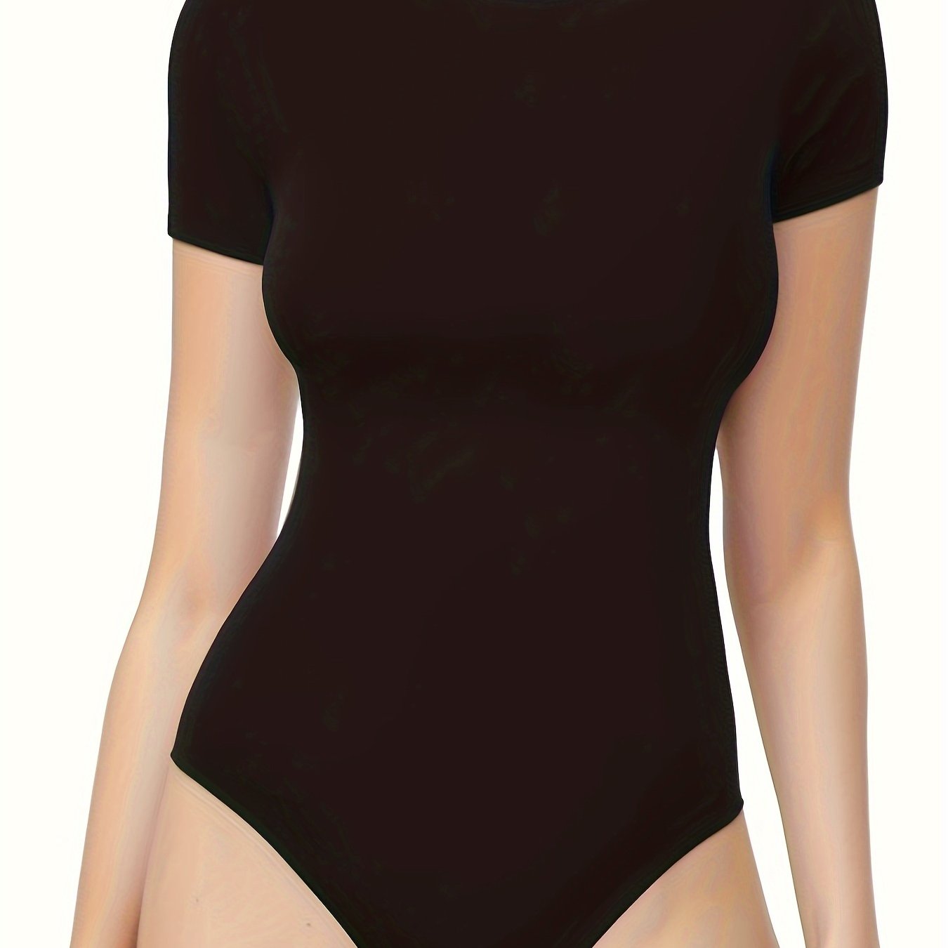 Women's Slim Fit Short Sleeve Bodysuit - Soft Stretch Round Neck, Black Solid Color, Smooth Polyester-Spandex Blend, All-Season Comfort Jumpsuit