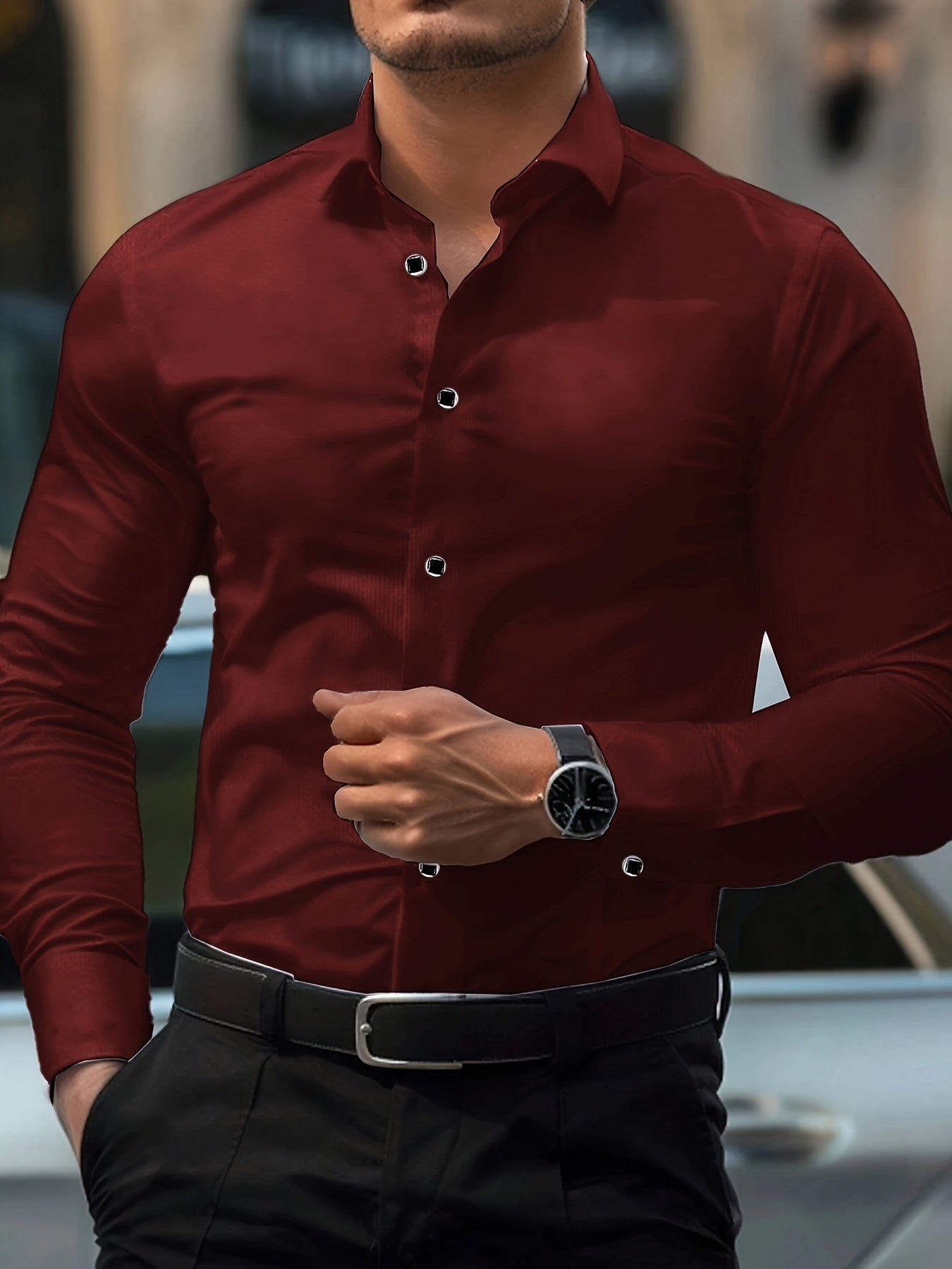 Men'S Elegant Black Long Sleeve Dress Shirt with Geometric Pattern - Polyester, Slim Fit, Button-Up, All-Season Wear, Stylish Lapel Collar, Perfect for Formal and Casual Events, Formal Attire|Slim Fit Shirt|Reflective Details