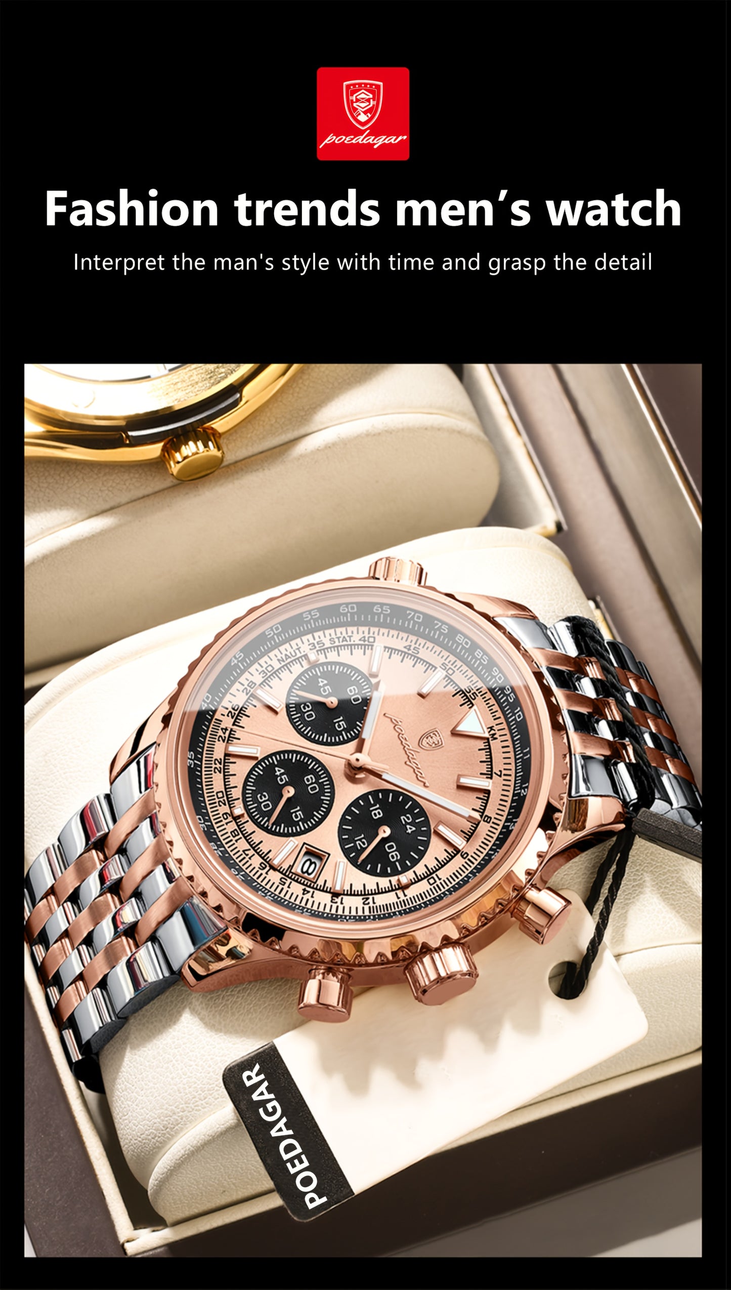 The New 2024 Waterproof Luminous Calendar Stainless Steel Chronograph Quartz Watch from Baida Is a High-End, Powerful, And Trendy Quartz Wristwatch for Men.