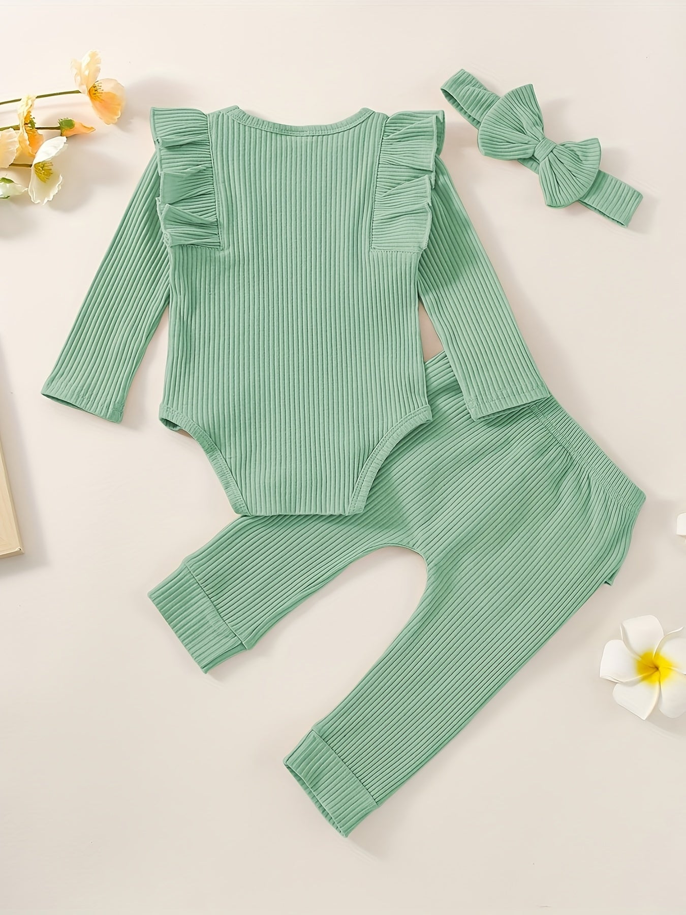 3pcs Baby Girl Outfit Set, Cute Ribbed Ruffle Long Sleeve Romper & Pants, 95% Cotton 5% Spandex, Crew Neck Pullovers, Solid Color, Regular Fit, No Belt, Fall/Winter Knit Fabric, 0-18 Months, for Outdoor