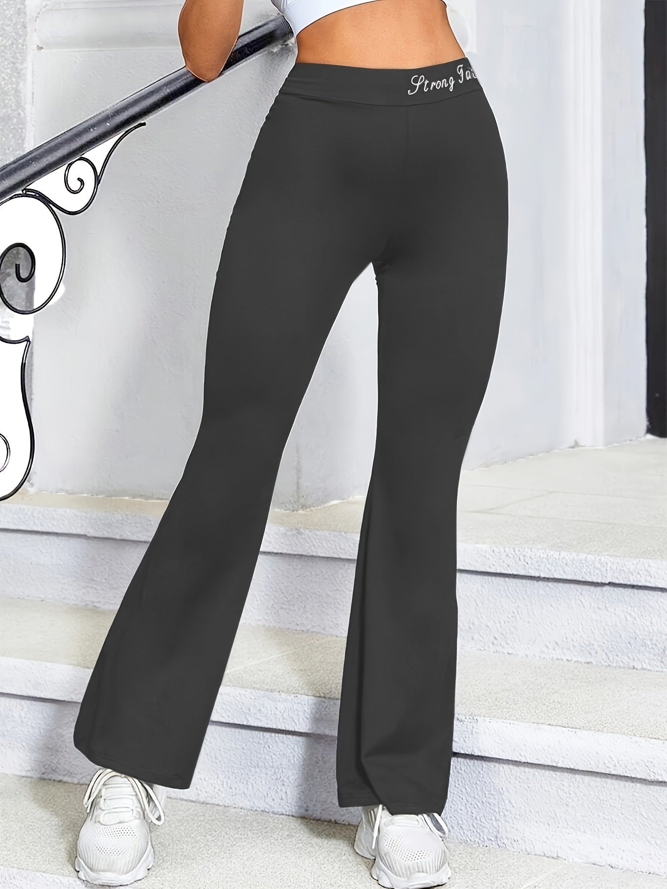 Women's High Waist Flare Yoga Pants, Quick-Dry Stretch Workout Leggings, Fashionable Sports Trousers with Waistband Detail, Gym Running Activewear
