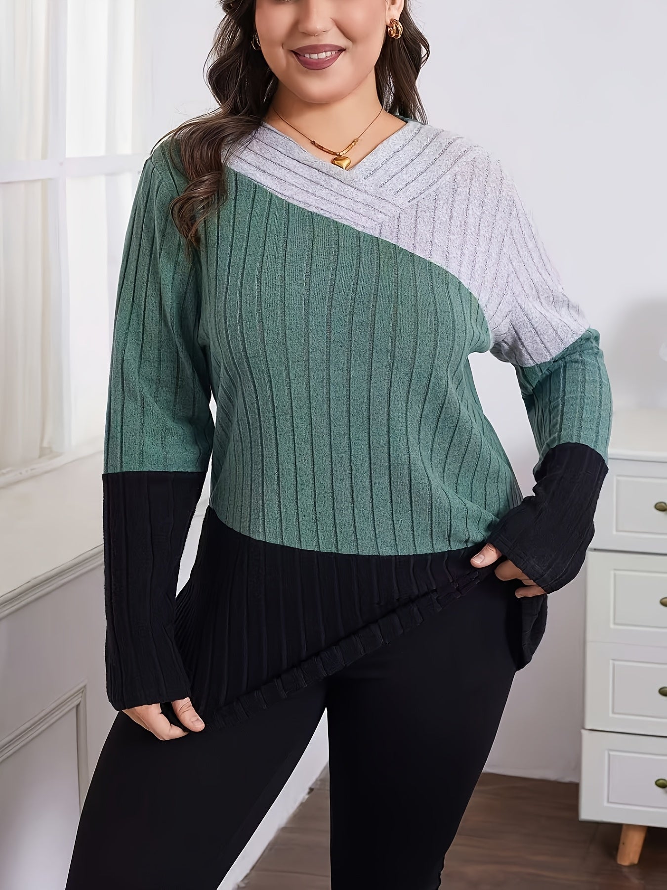 Elegant Color Block V-Neck սվիտեր կանանց համար - Ձգվող պոլիեսթեր, մեքենայով լվացվող, կատարյալ գարնան և աշնան համար