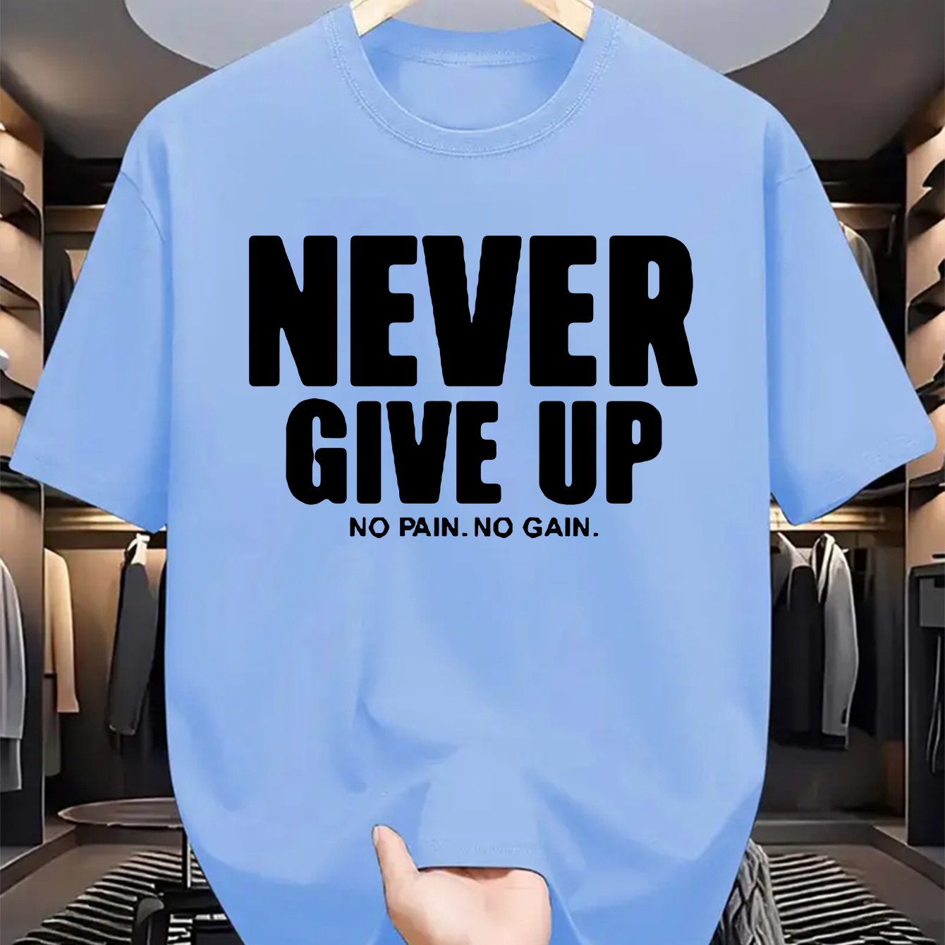 Men'S Casual Crew Neck T-Shirt with "Never Give Up" Print, Polyester Knit Fabric, Slight Stretch, Regular Fit, Summer Short Sleeve Tee for Daily Wear