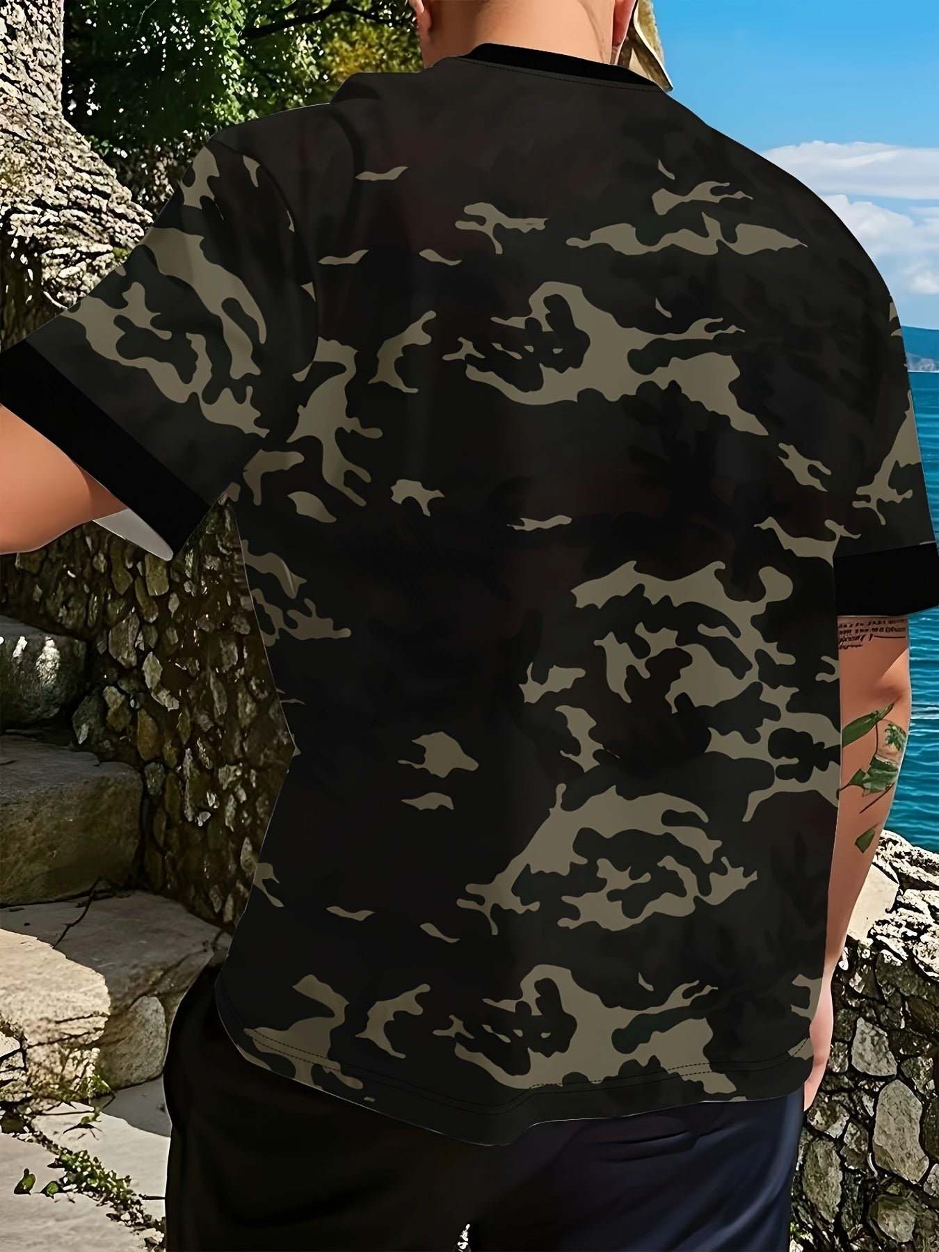 Men'S Camo Print T-Shirt - Short Sleeve, Regular Fit, Casual Style with Skull Floral Design, Black with Brown/Beige Camouflage Pattern, Perfect for Casual Attire, Everyday Tshirt Camo Print Tee Stretchable Fabric