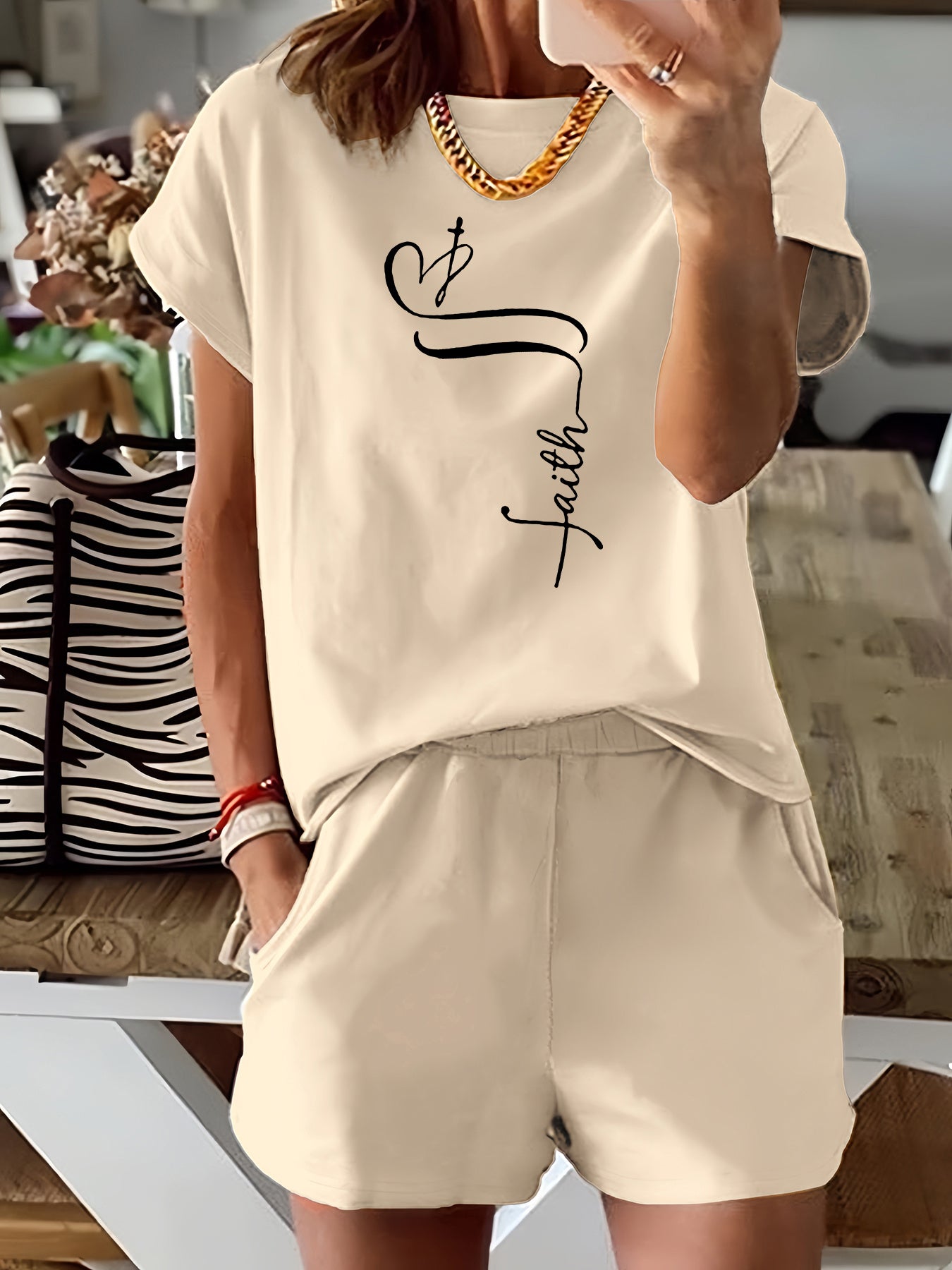 Women's Casual Letter Print Two-Piece Set - Comfy Short Sleeve T-Shirt & Shorts, Stretchy Polyester Blend, Machine Washable