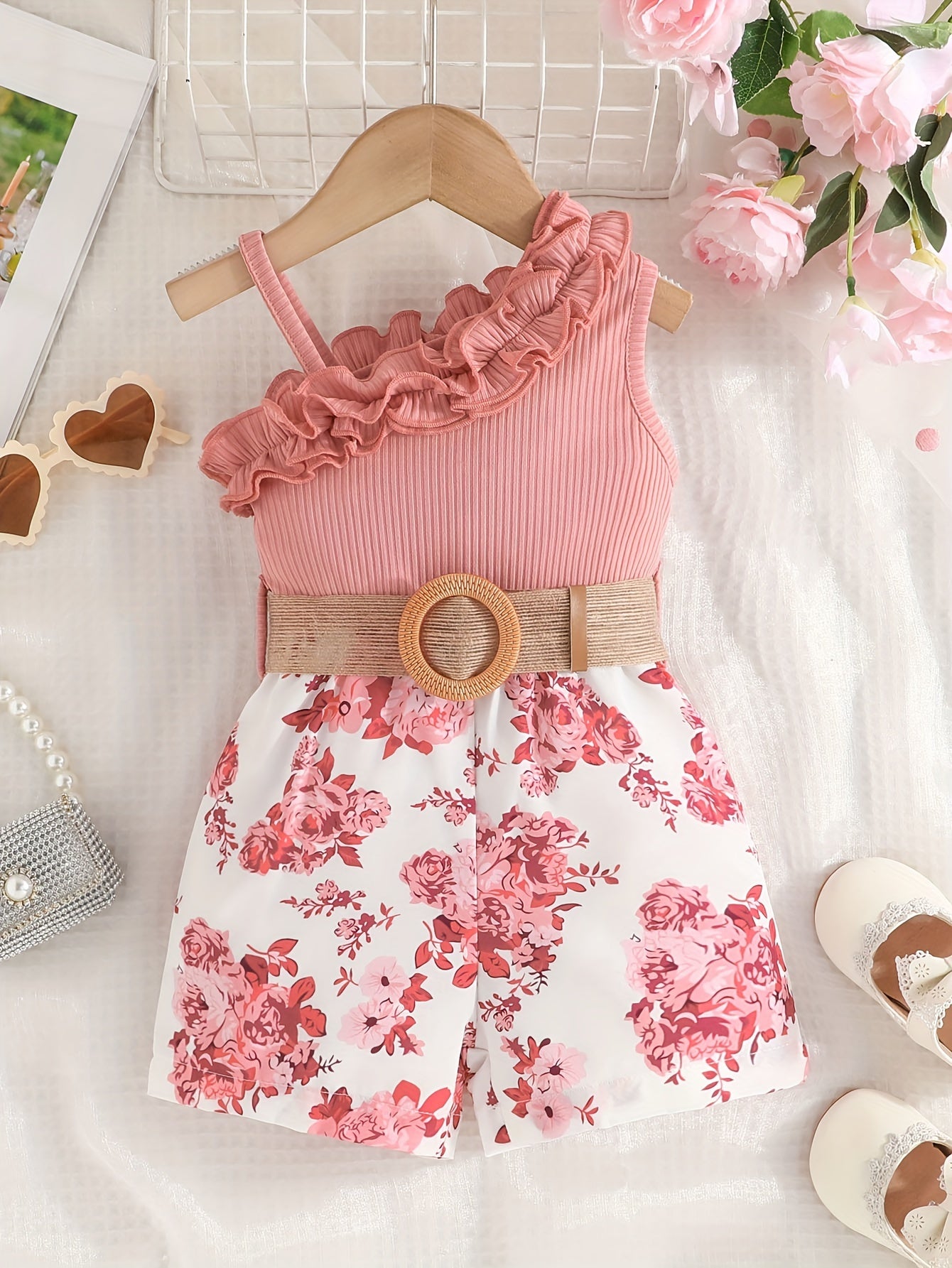 Baby's Vacation Style Flower Pattern Splicing One-Shoulder Romper With Belt, Toddler & Infant Girl's Bodysuit For Summer Daily & Outdoor Wear