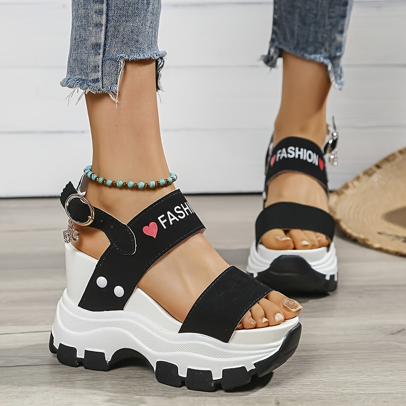 Women's Platform Wedge Sandals with Thick Sole Ankle Strap Metal Buckle - Open Toe Summer Casual Shoes, White Black Faux Cover, Cushioned Insole for All-Day Comfort