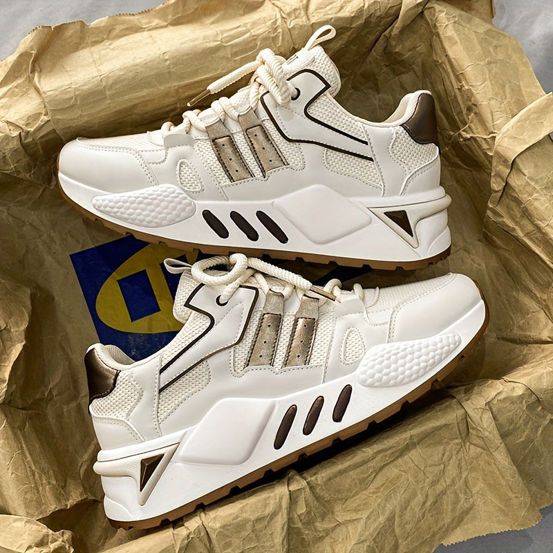 Men's Low-Top Skate Sneakers - White/Black Accent Lace-Up Shoes, Cushioned EVA Insole Non-Slip Rubber Outsole for All-Season Urban Streetwear, Gym, Everyday - Breathable PU Upper Casual Shoes, Gym Footwear, Street Style, Du