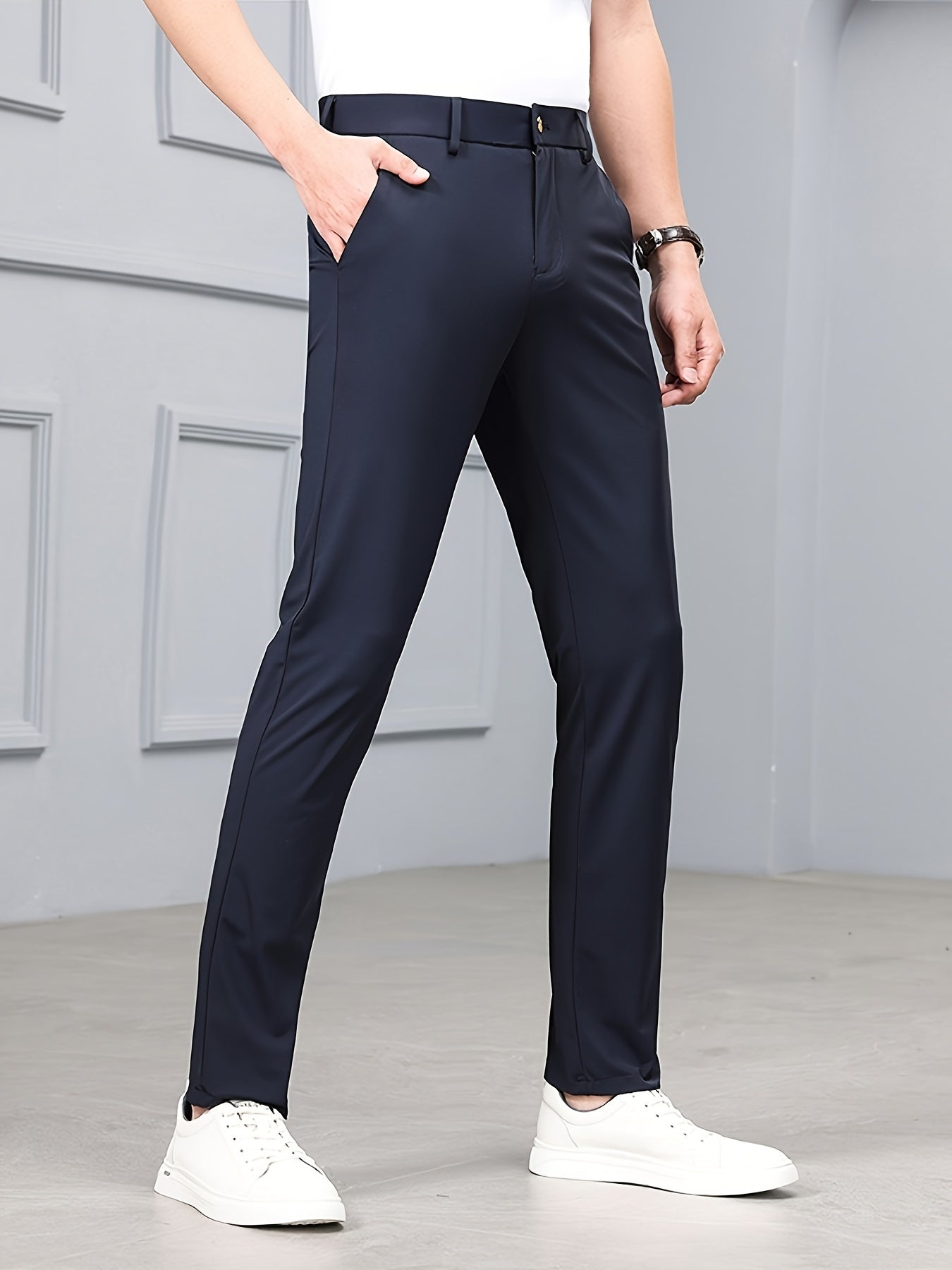 Men's Slim-Fit Stretch Casual Pants with Multiple Pockets - Waterproof, UV Protection, Light Gray, Straight Leg, Nylon Blend for Spring/Fall, Button Closure, Comfortable & Stylish Design, Everyday Comfort Pants | Modern Casua