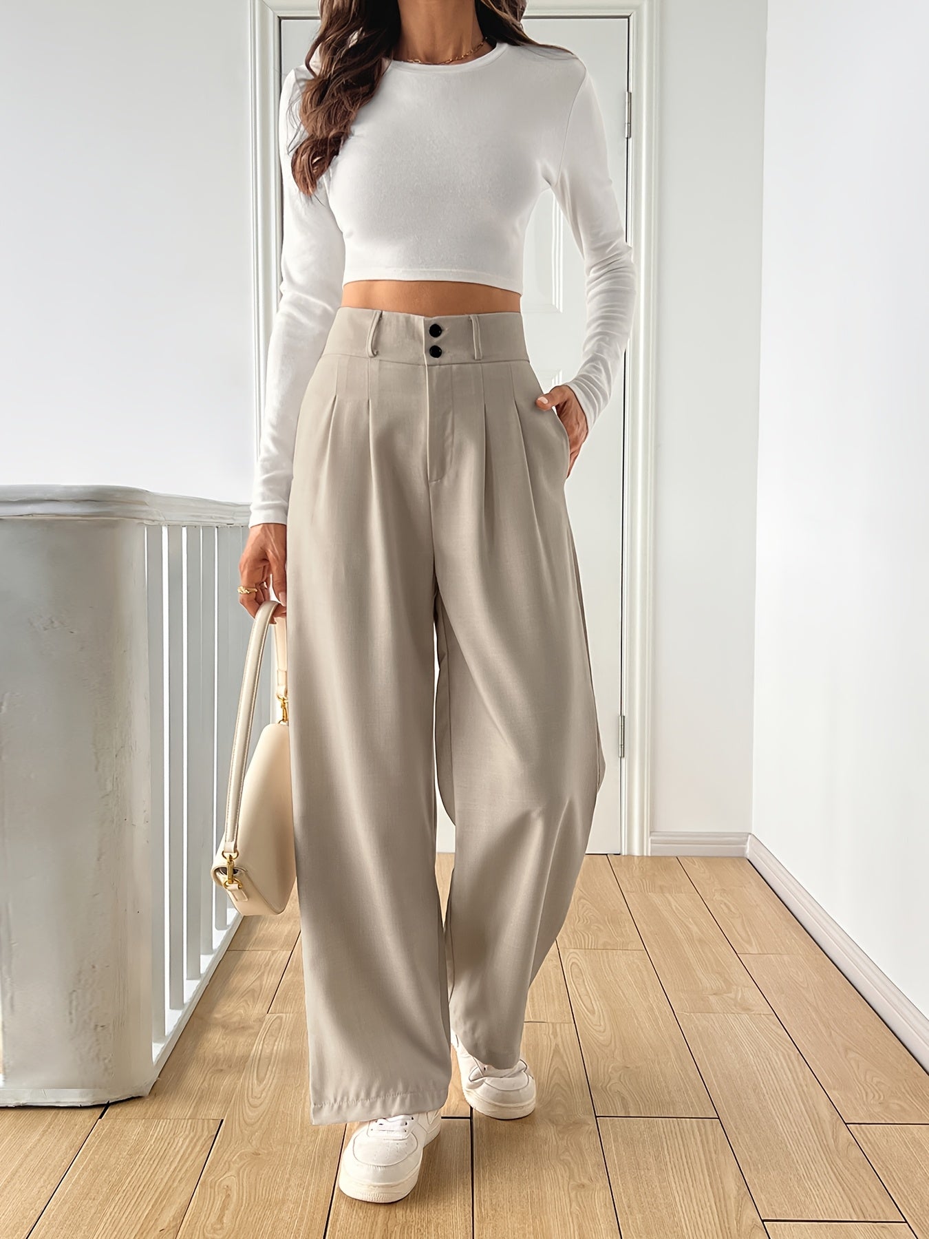Women's High-Waisted Straight-Leg Pants - Light Beige Casual Polyester Blend with Button Details, Machine Washable, All-Season Comfort for Casual Attire, Cute Pants