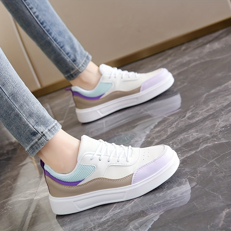 Stylish Women's Low-Top Sneakers - Lightweight Casual Shoes with Pastel Pink & Light Blue Accents, Synthetic Cover Upper, Breathable Mesh Lining, EVA Sole for Comfort, Perfect for Casual Attire & Travel