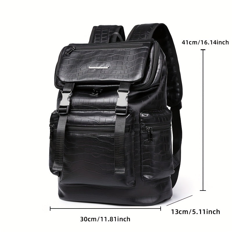 Unisex Backpack with Crocodile Texture, Large Capacity, Anti-Theft, Multi-Compartment, Fits 14-inch Laptop, Casual Travel Business Commute, Minimalist Style, No Battery - Black