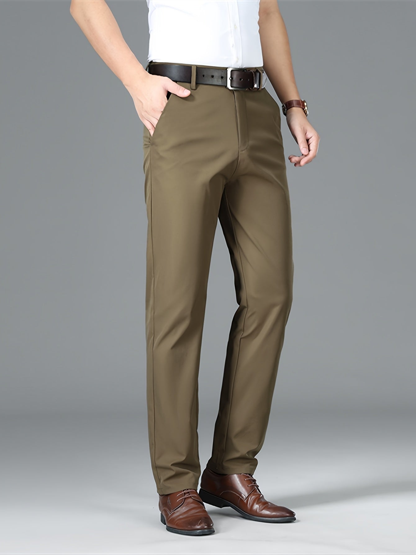 Men's Lightweight Summer Casual Pants, Slim Straight Fit, Polyester, Mid-Rise, Built-in Zipper, Regular Length - Ideal for Casual Attire