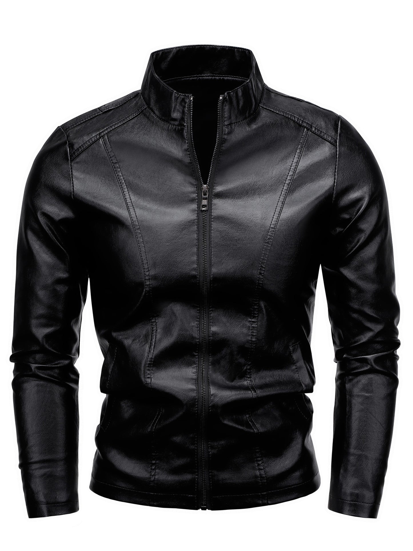 Men'S Casual Jacket - Stand Collar Zip-Up Long Sleeve - 100% Polyurethane, Solid Color, Non-Stretch Woven Fabric, Regular Fit with Functional Pockets for Daily Wear