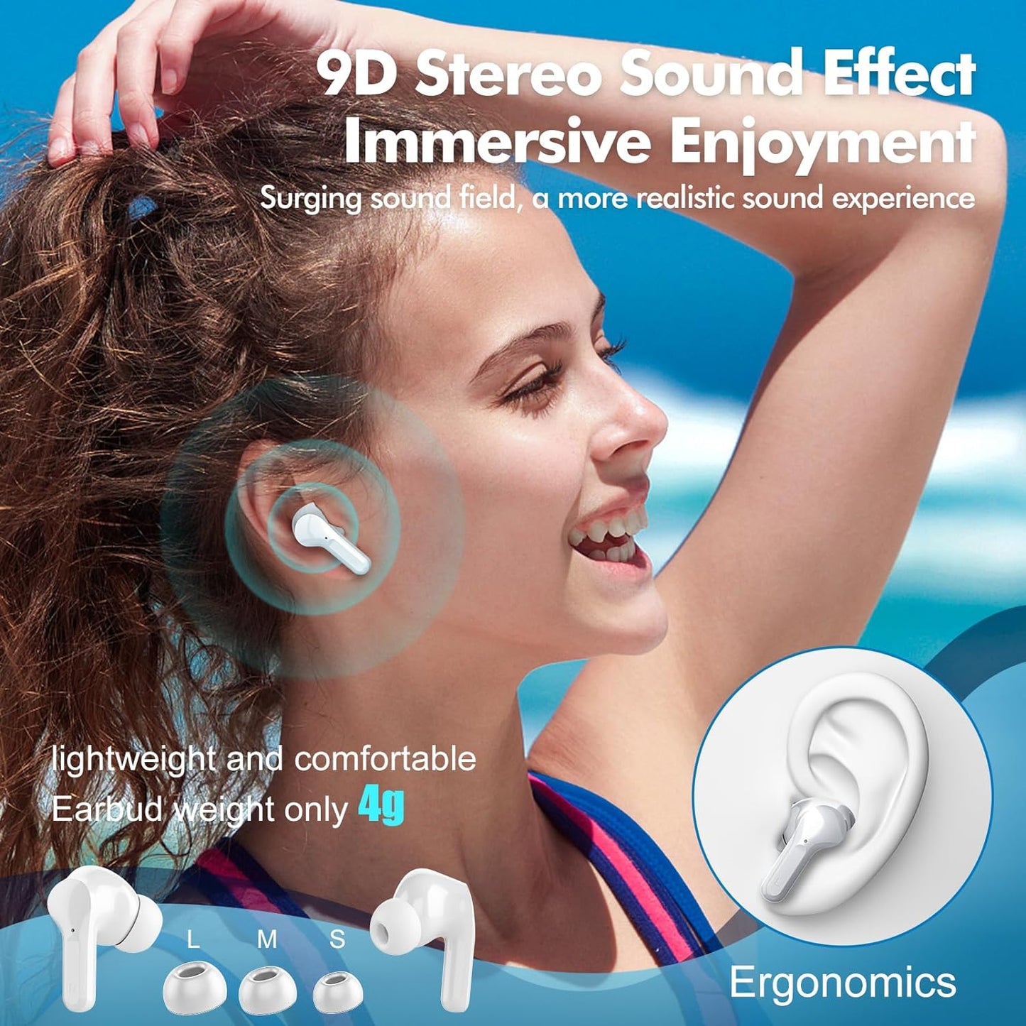 Wireless Earbuds Bluetooth Headphones 50H Playback Ear Buds with IPX7 Waterproof, HD Microphone, LED Display for Iphone and Andriod White