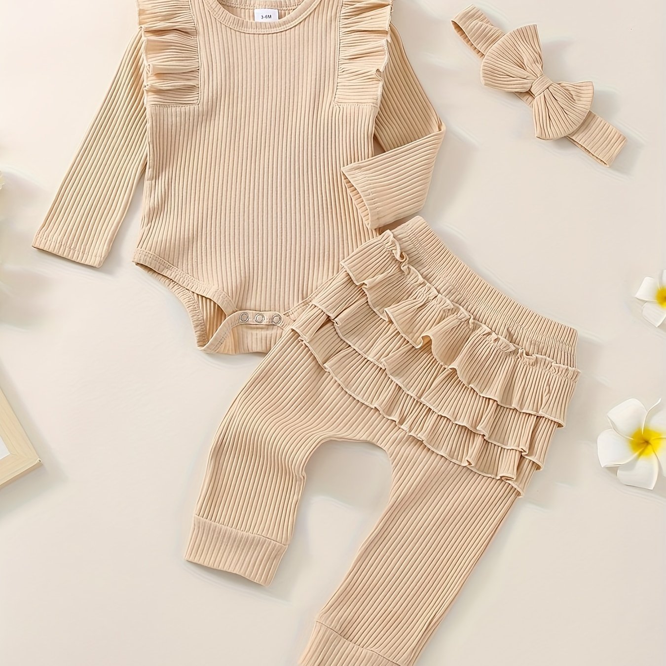 3pcs Baby Girl Outfit Set, Cute Ribbed Ruffle Long Sleeve Romper & Pants, 95% Cotton 5% Spandex, Crew Neck Pullovers, Solid Color, Regular Fit, No Belt, Fall/Winter Knit Fabric, 0-18 Months, for Outdoor