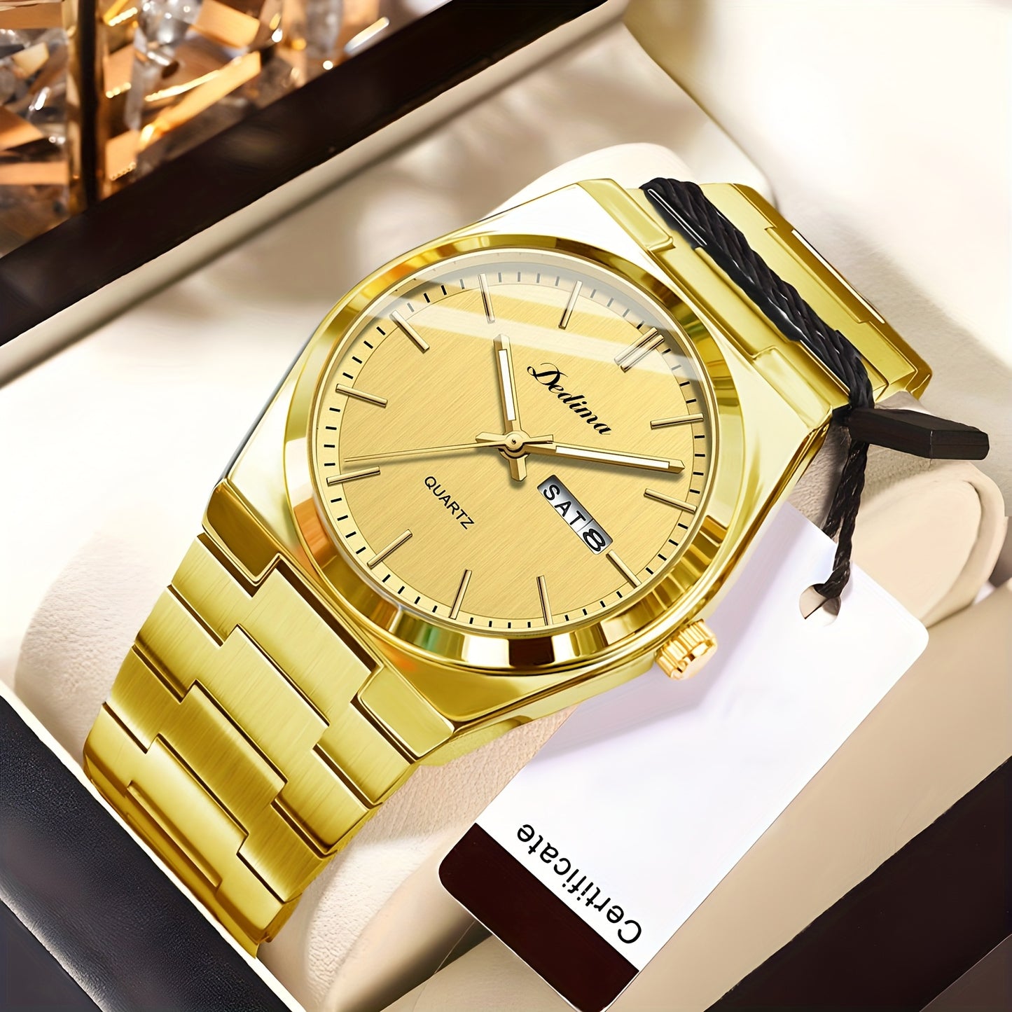 Elegant Men's Quartz Watch with Stainless Steel Band, Rivet Detail, and Dual Calendar - Non-Rechargeable Button Battery Included, DEDIMA