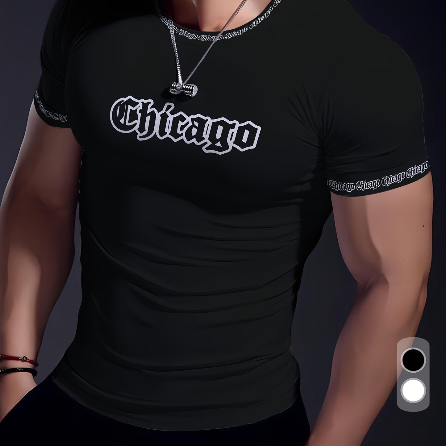 Men'S Chicago Print T-Shirt, Polyester-Spandex Blend, Crew Neck, Short Sleeve, Geometric Pattern, High Stretch, Tear Resistant, Sports Casual Style, Summer Fit Top for Training, Yoga, Hiking Festive Occasions