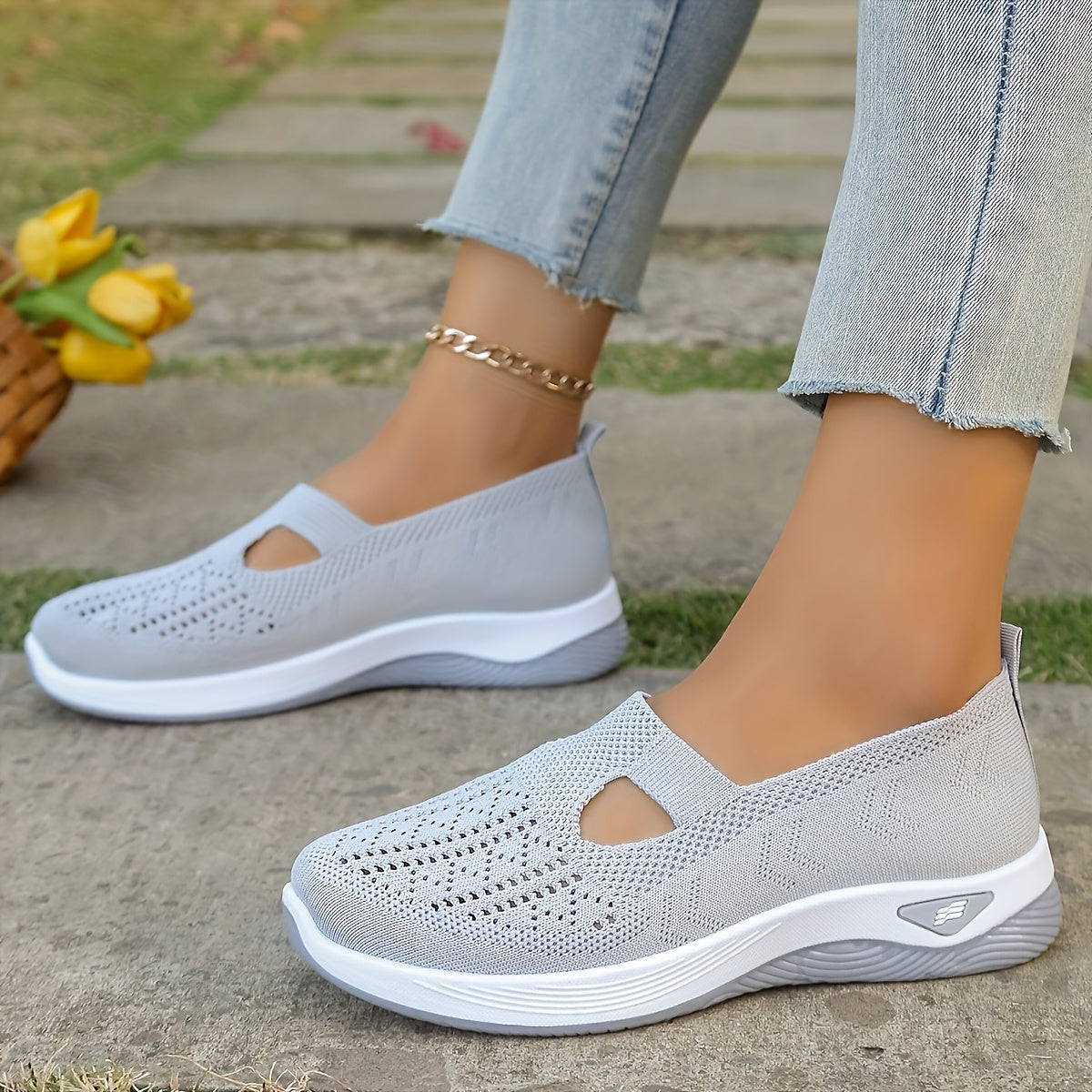 Women's Breathable Mesh Sneakers - Comfort Slip-On Walking Shoes, Soft PVC Sole, Fabric Insole & Lining, Stability Support for Spring/Summer Outdoor Casual Wear, Spring Summer Footwear|Cut-Out Patterns|Fabric Upper Shoes