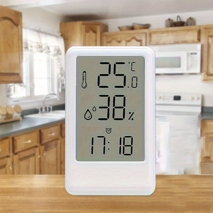 1pc Modern White Digital Temperature & Humidity Monitor with Large LCD Screen, High-Precision Room Thermometer for Desk or Wall, 12/24H Time Display, Battery-Powered (AAA Battery Not Included) – Ideal for Bedroom, Kitchen,