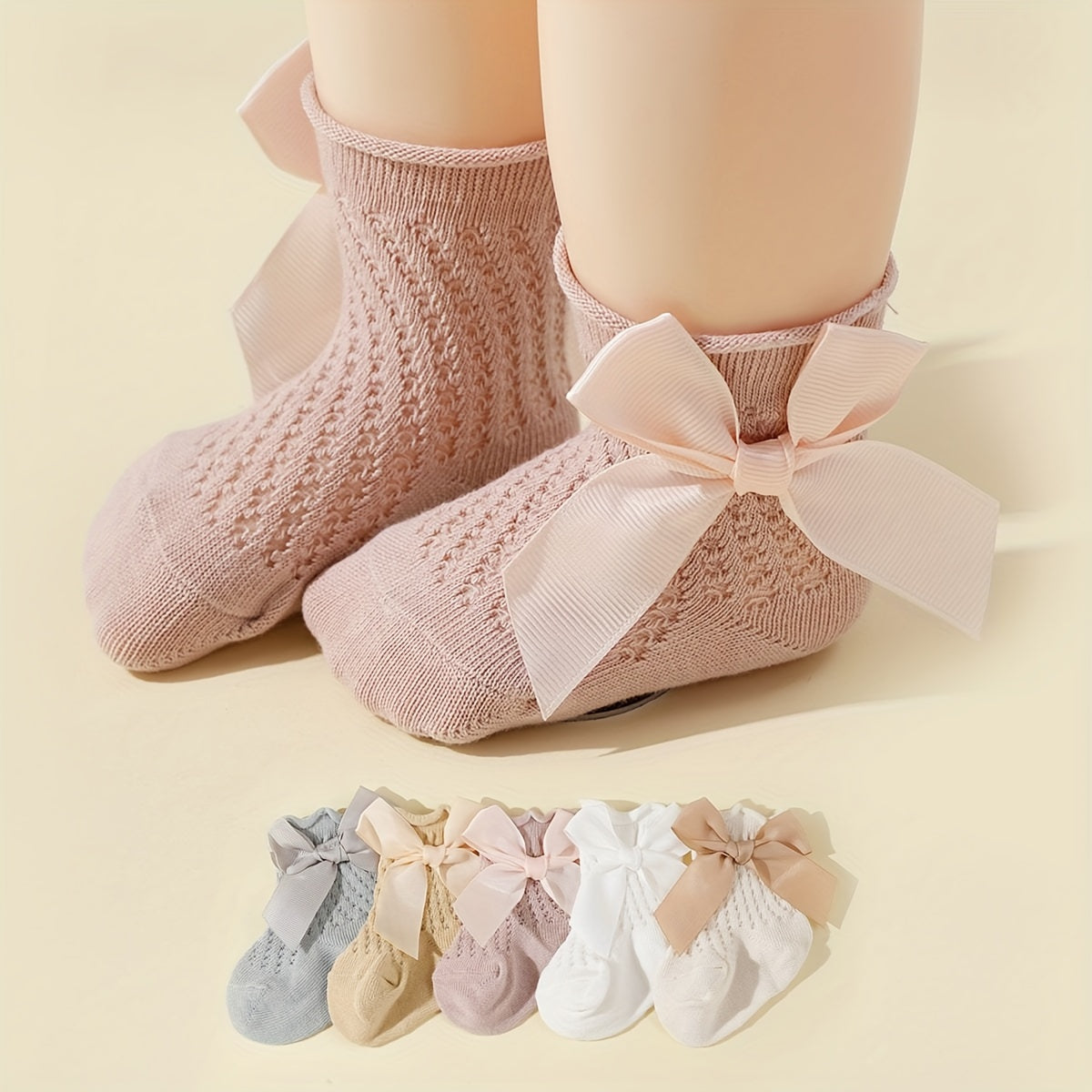 5 Pairs of Baby Socks for Spring And Summer, Featuring Breathable Mesh And Bows, Perfect for Everyday Wear.