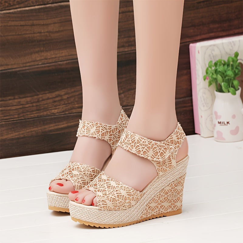 Women'S Elegant Lace Platform Sandals - Beige, Round Toe, High Heel, Hook Loop Closure, Synthetic Insole Upper, Rubber Sole, Perfect for Formal Events, Formal Footwear Laceup Sandals Platform Heel Sandals