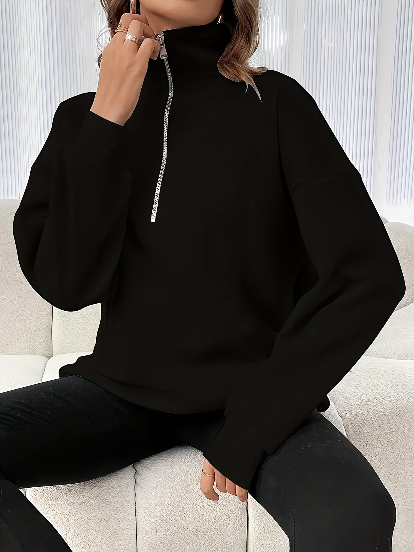 Women's Fashion Solid Color Zip-Up Fleece Sweatshirt - Sporty, Machine Washable, High Neck Pullover for Fall/Winter
