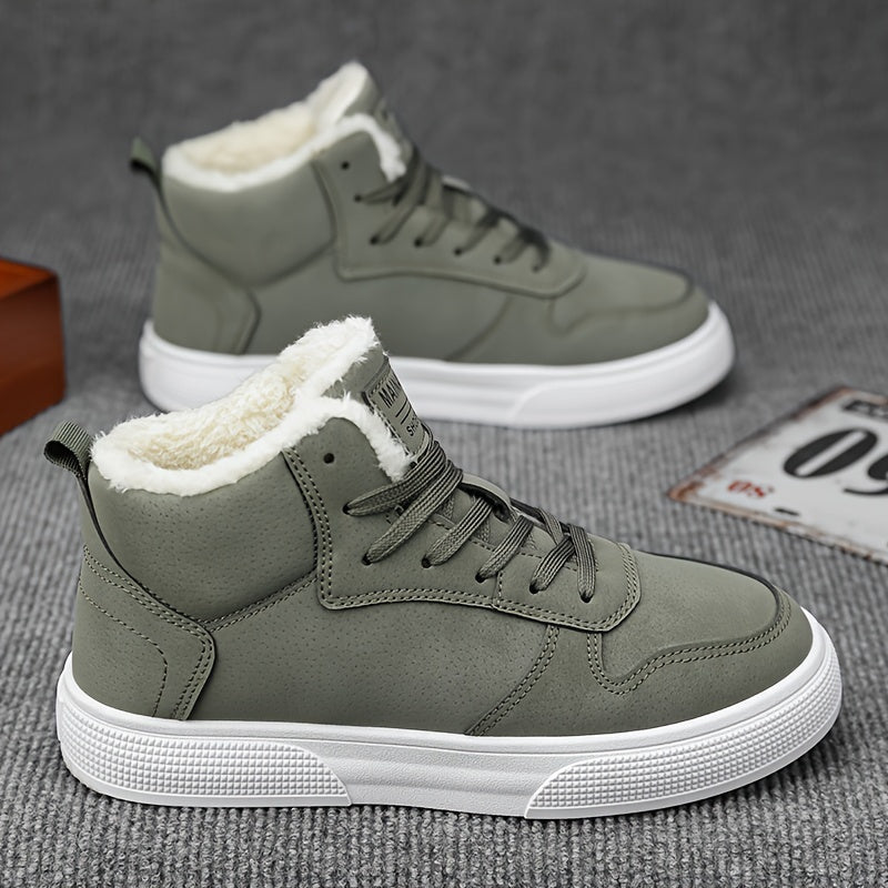 Men's Mid-Top Lace-Up Boots with Warm Plush Lining for Comfortable Winter Outdoor Street Walking and Strolling, Winter Boots