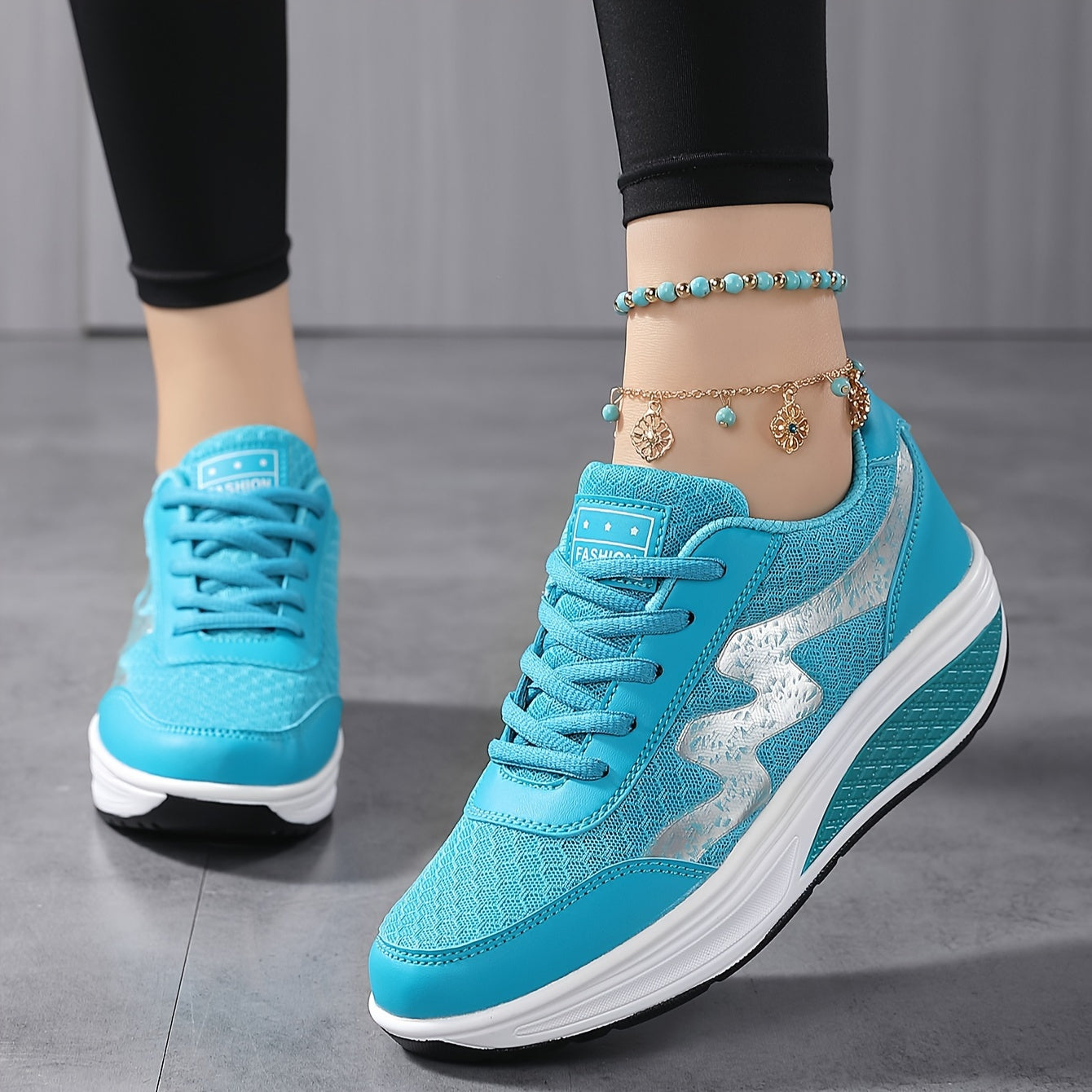 Women's Light Blue Breathable Mesh Sneakers - Air-Cushioned, Thick-Soled Sneakers with Sport Control Lace-Up Design for All Seasons