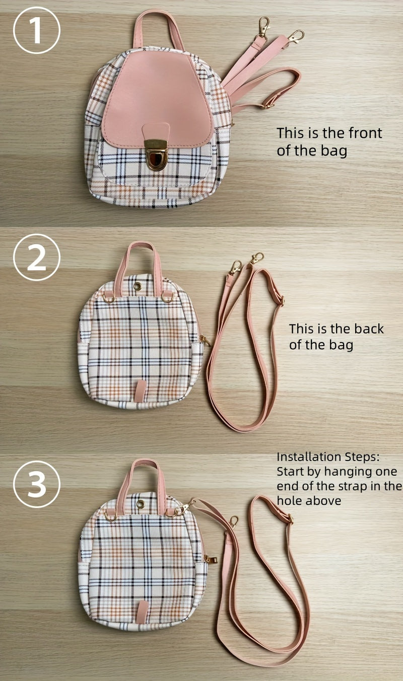 Adjustable Strap Grid Backpack, Cute Backpack, Zipper Casual Shoulder Bag, Card Wallet, Casual Phone Pouch, Leisure Camera Bag, Coin Purse, Key Pouch, Shoulder Bag, Crossbody Bag, Convertible Backpack.