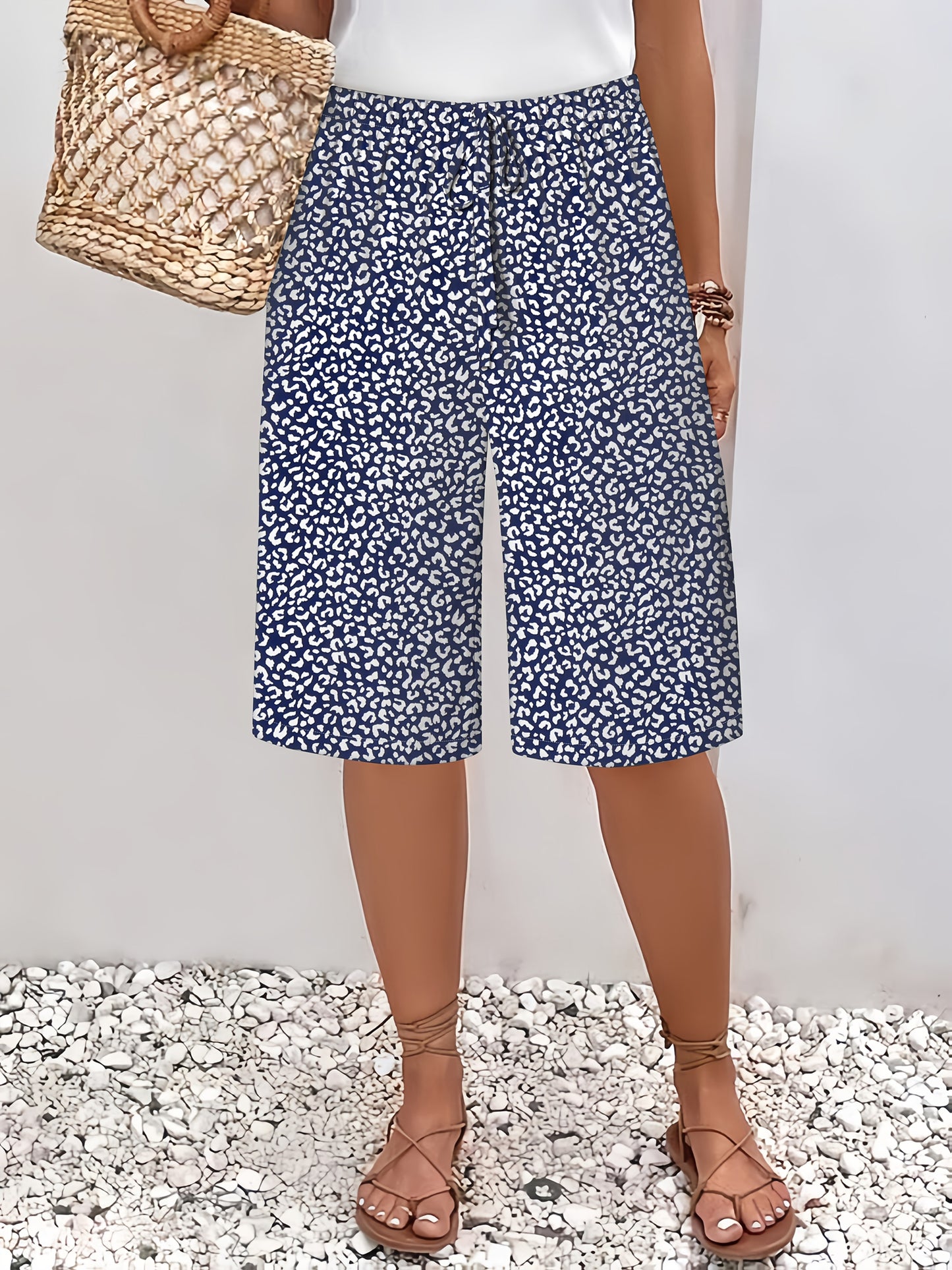 Plus Size Women's Lightweight Beach Shorts - Casual Blue and White Floral Print, Drawstring Waist, Polyester, Machine Washable, Knee-Length with Pockets